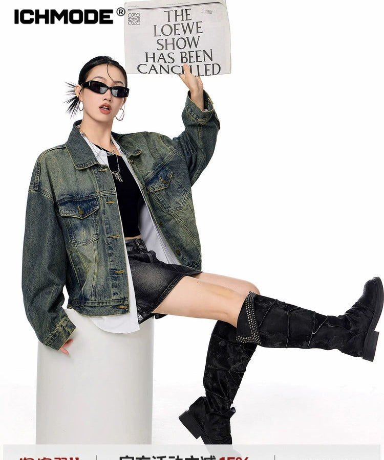 ICH MODE 美式复古水洗牛仔外套女2025新款秋季宽松夹克短上衣潮