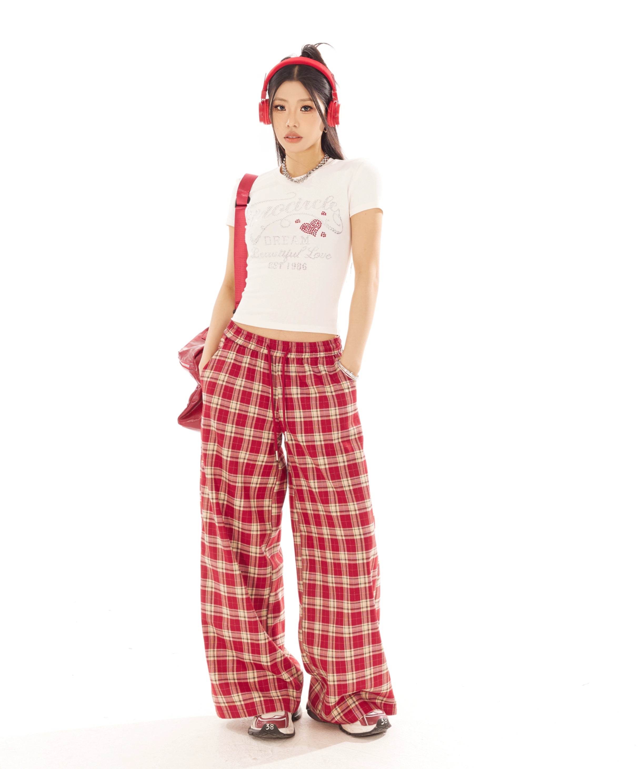 野生zero红色格子裤女春夏显瘦宽松慵懒风设计感阔腿直筒休闲裤子