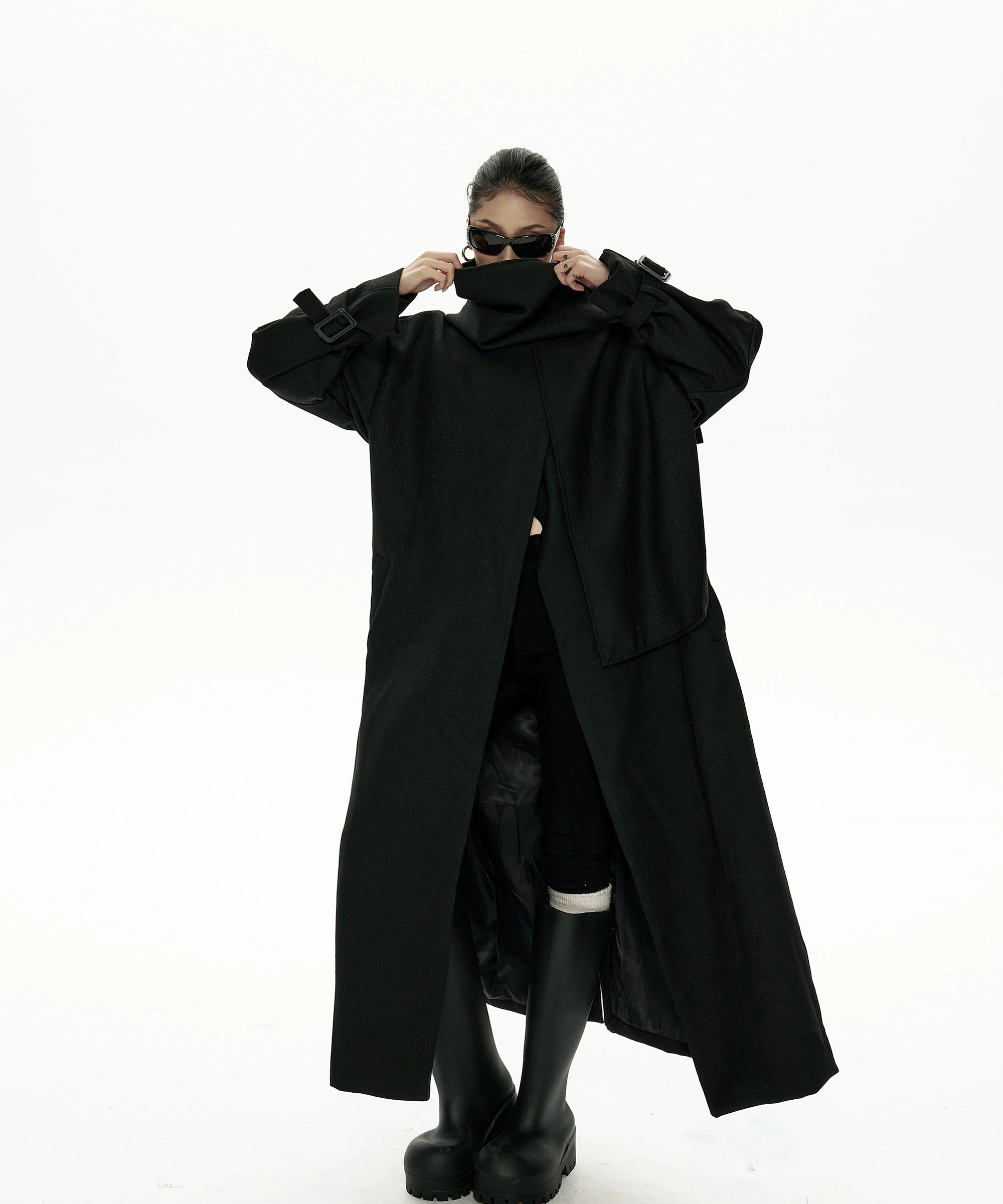 野生zero黑色长款廓形毛呢外套女秋冬2025新款高级感宽松风衣大衣