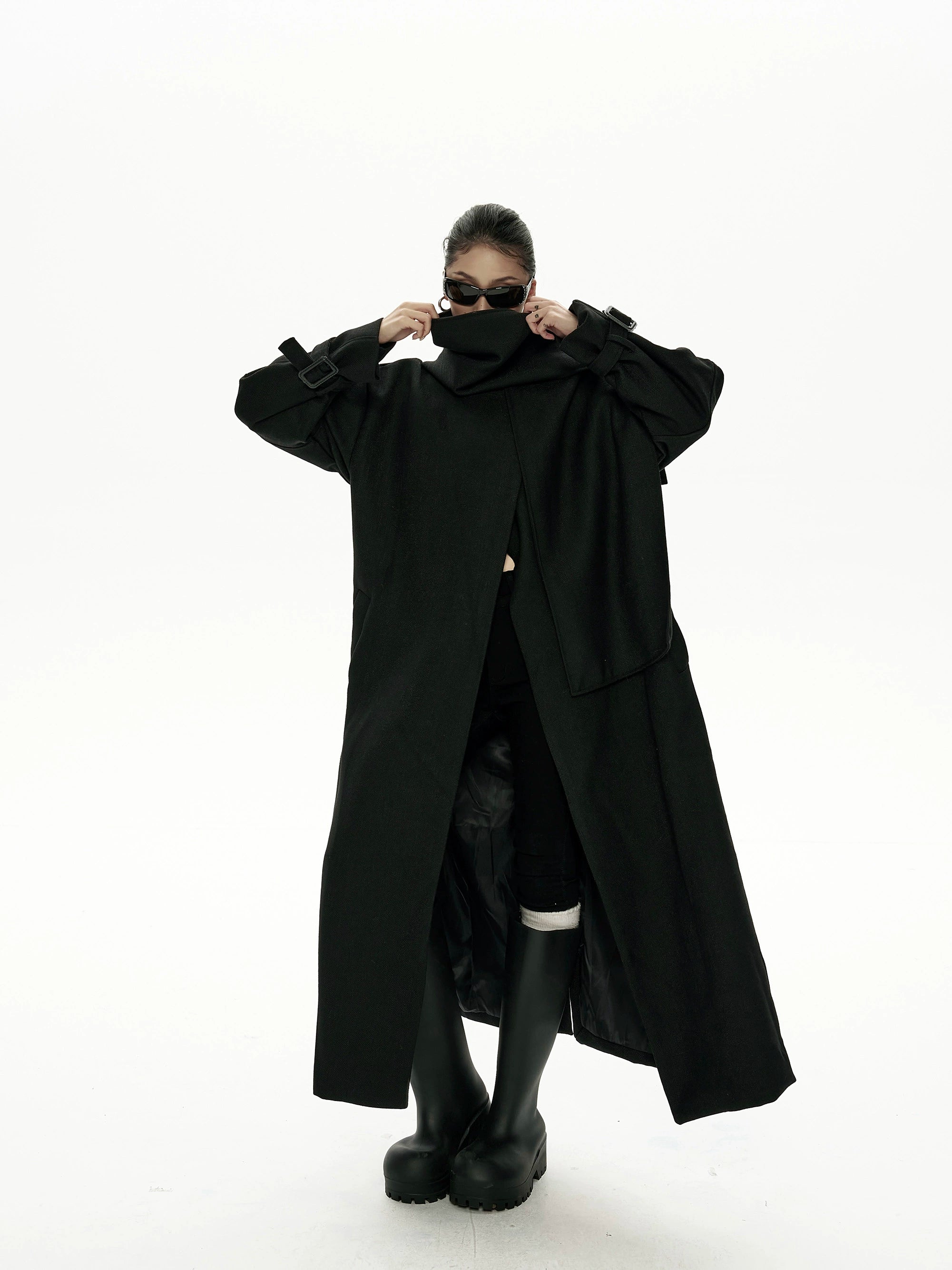 野生zero黑色长款廓形毛呢外套女秋冬2025新款高级感宽松风衣大衣