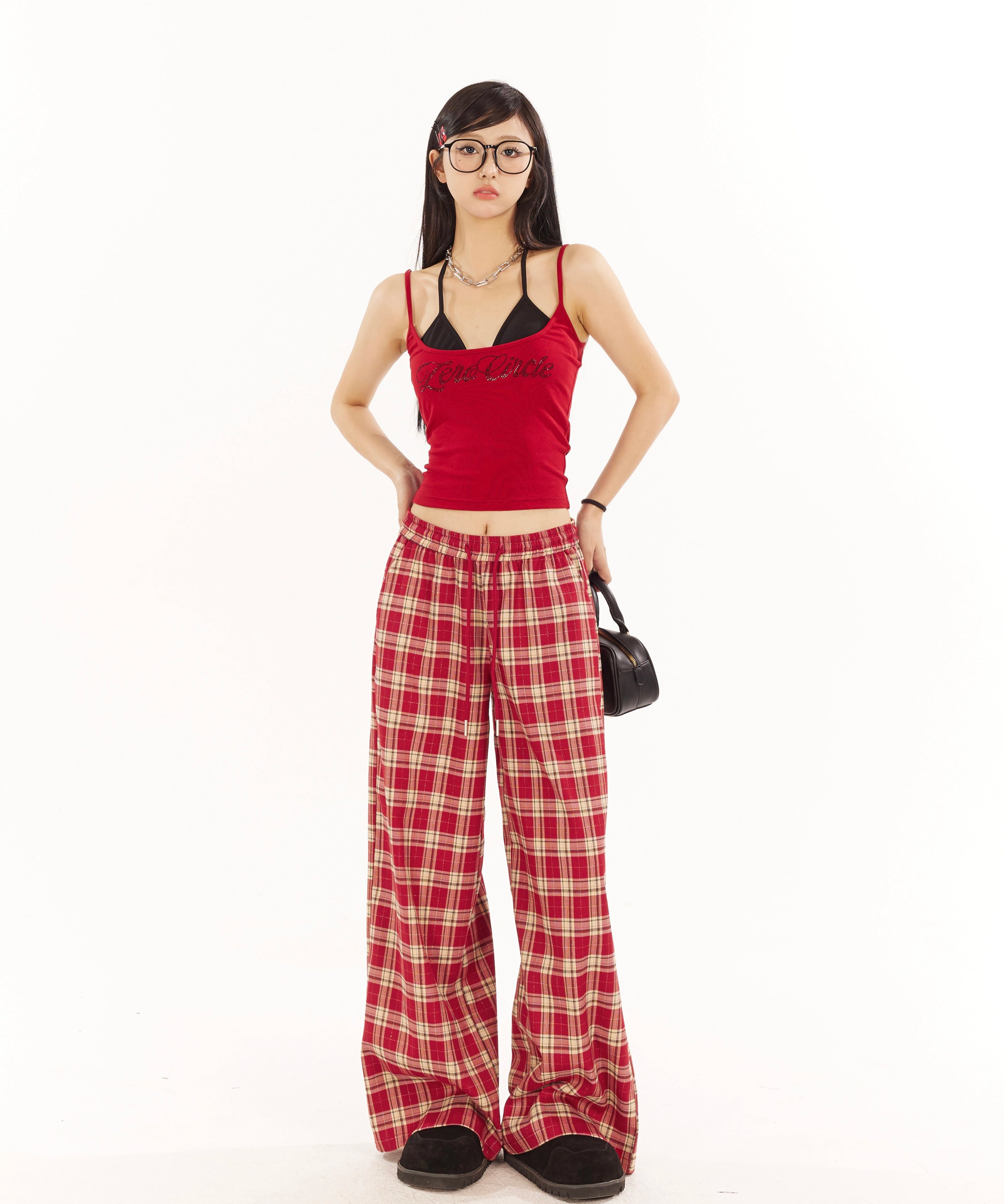 野生zero红色格子裤女春夏显瘦宽松慵懒风设计感阔腿直筒休闲裤子