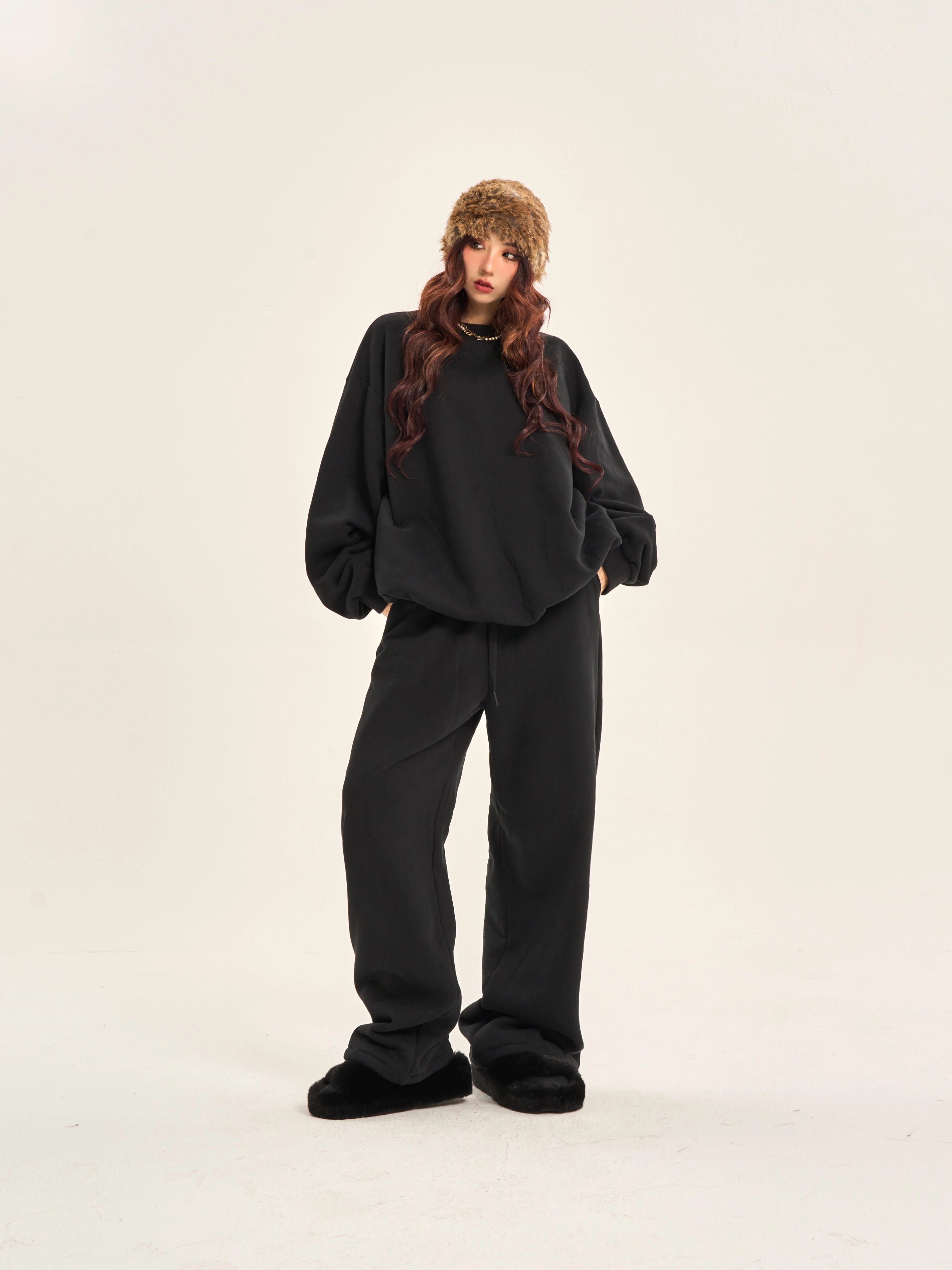 野生zero灰色运动卫衣套装女春秋冬季加绒宽松慵懒风休闲束脚裤子