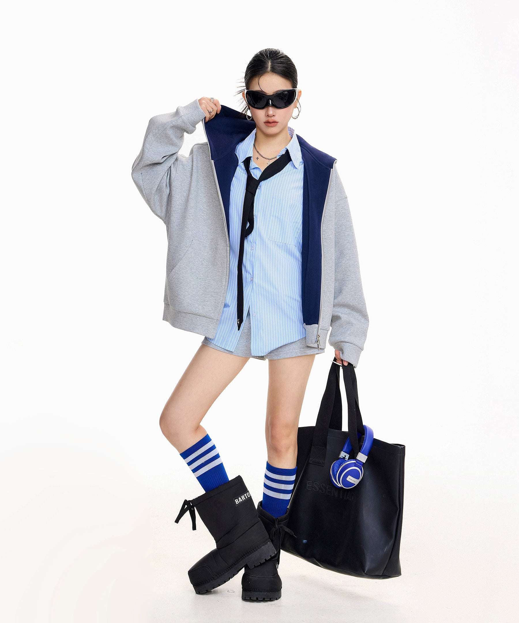 ICH MODE 美式复古开衫卫衣外套女2025新款秋冬宽松撞色连帽上衣