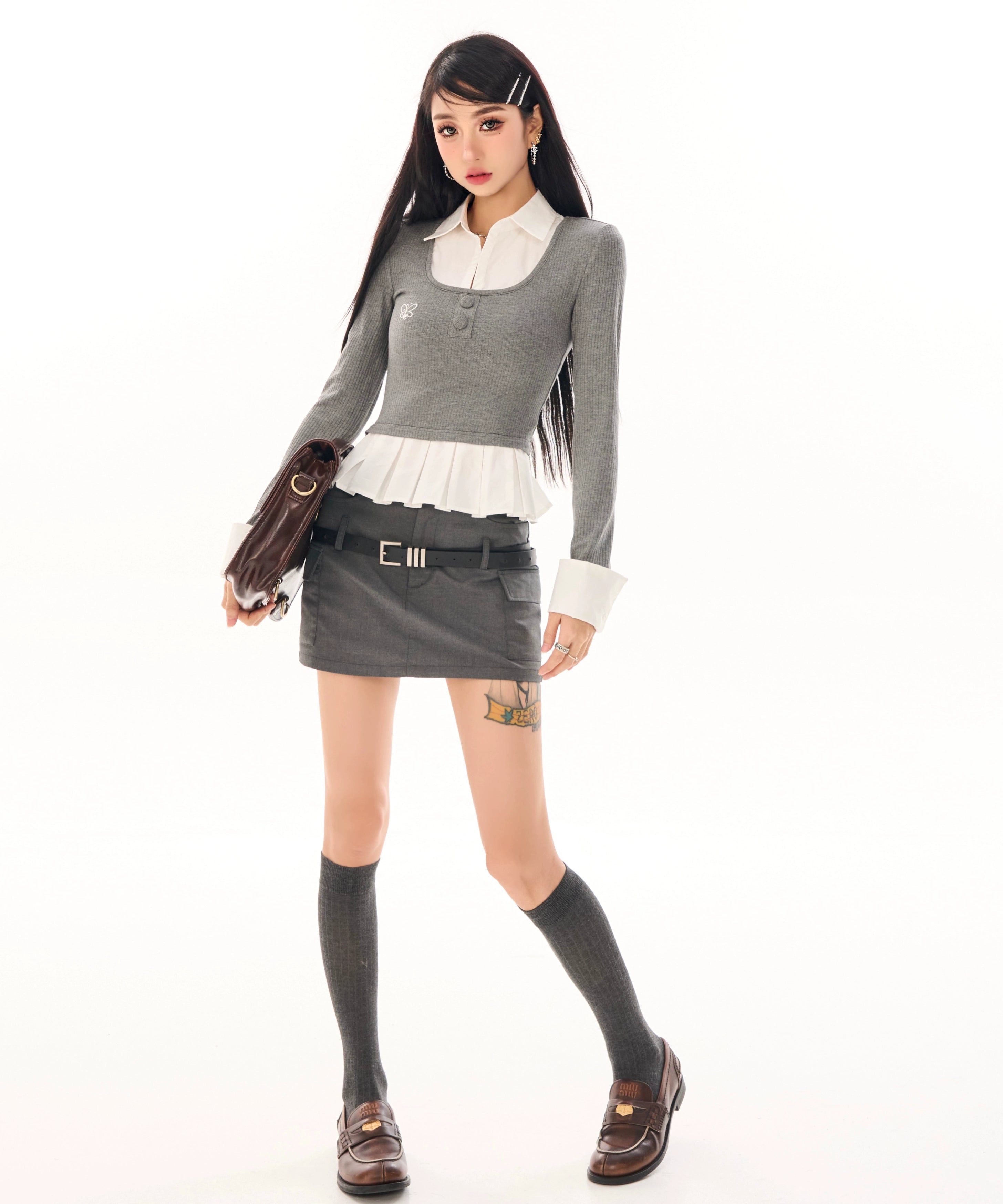 野生zerocircle灰色假两件针织衫女春季韩系修身显瘦拼接长袖上衣