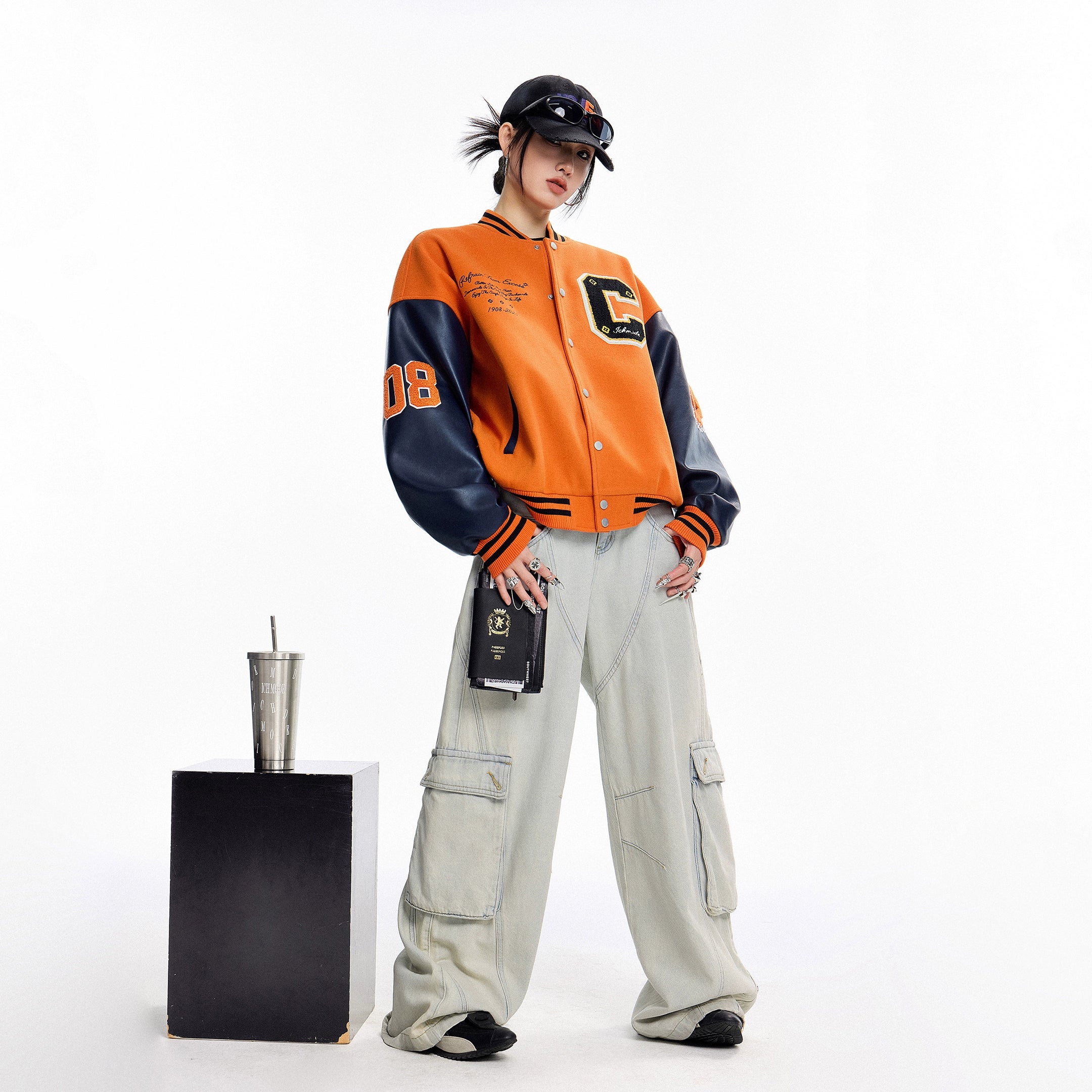 ICH MODE 美式复古撞色外套女2025年新款秋冬开衫上衣宽松棒球服