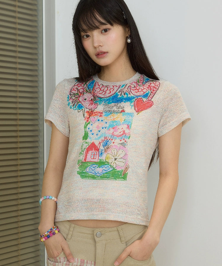 “过肩龙”| eeee原创涂鸦彩纱短袖修身少女感温柔风辣妹T恤夏季