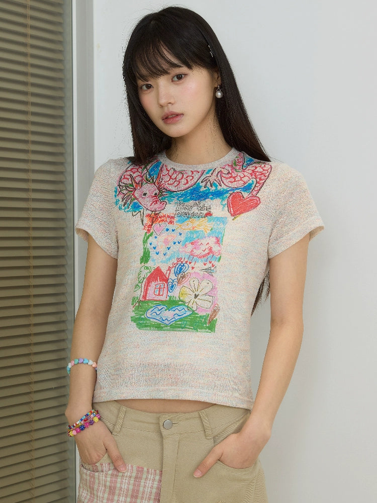 “过肩龙”| eeee原创涂鸦彩纱短袖修身少女感温柔风辣妹T恤夏季