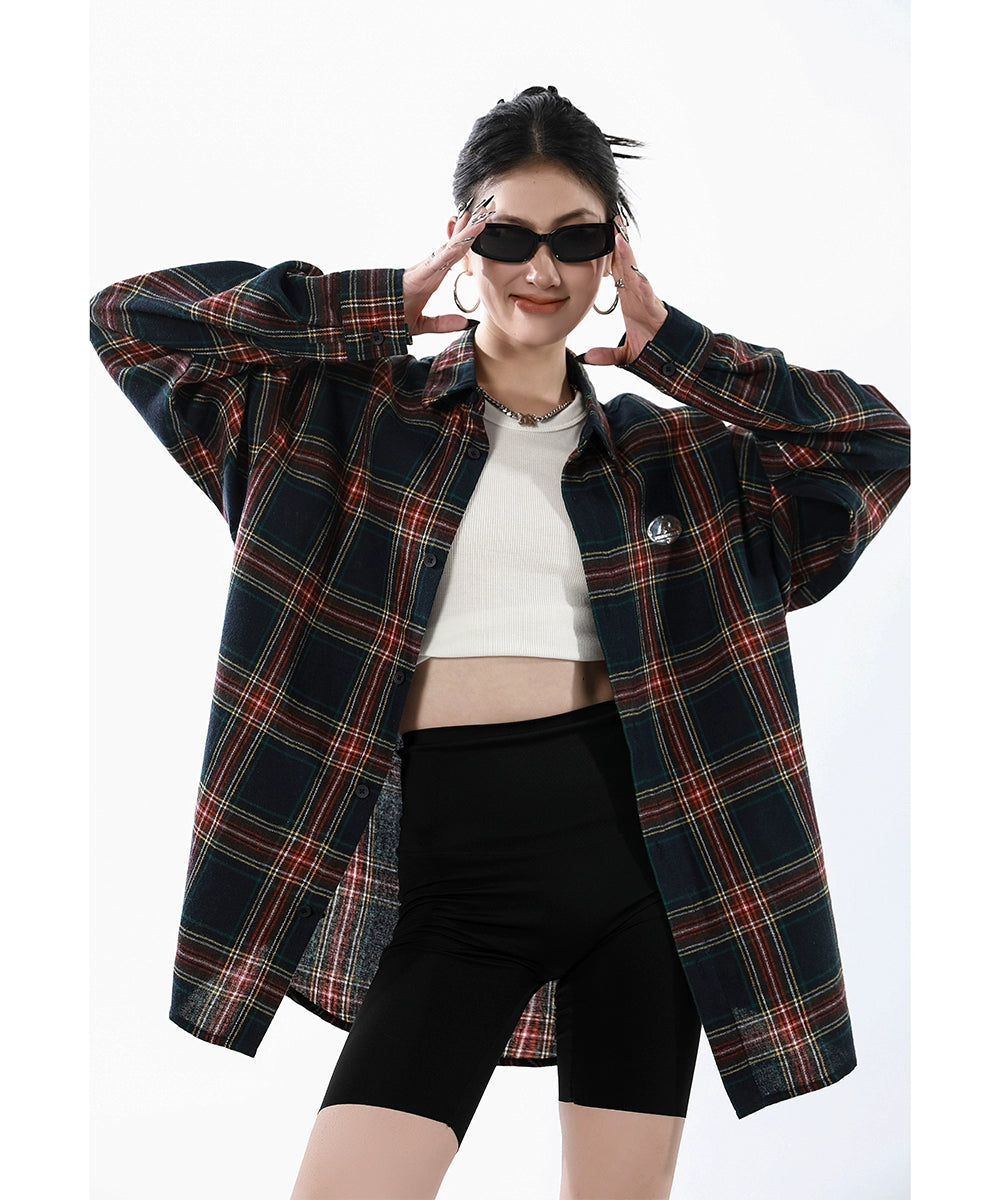 ICH MODE 美式复古格子衬衫女秋新款宽松流行百搭长袖衬衣外套