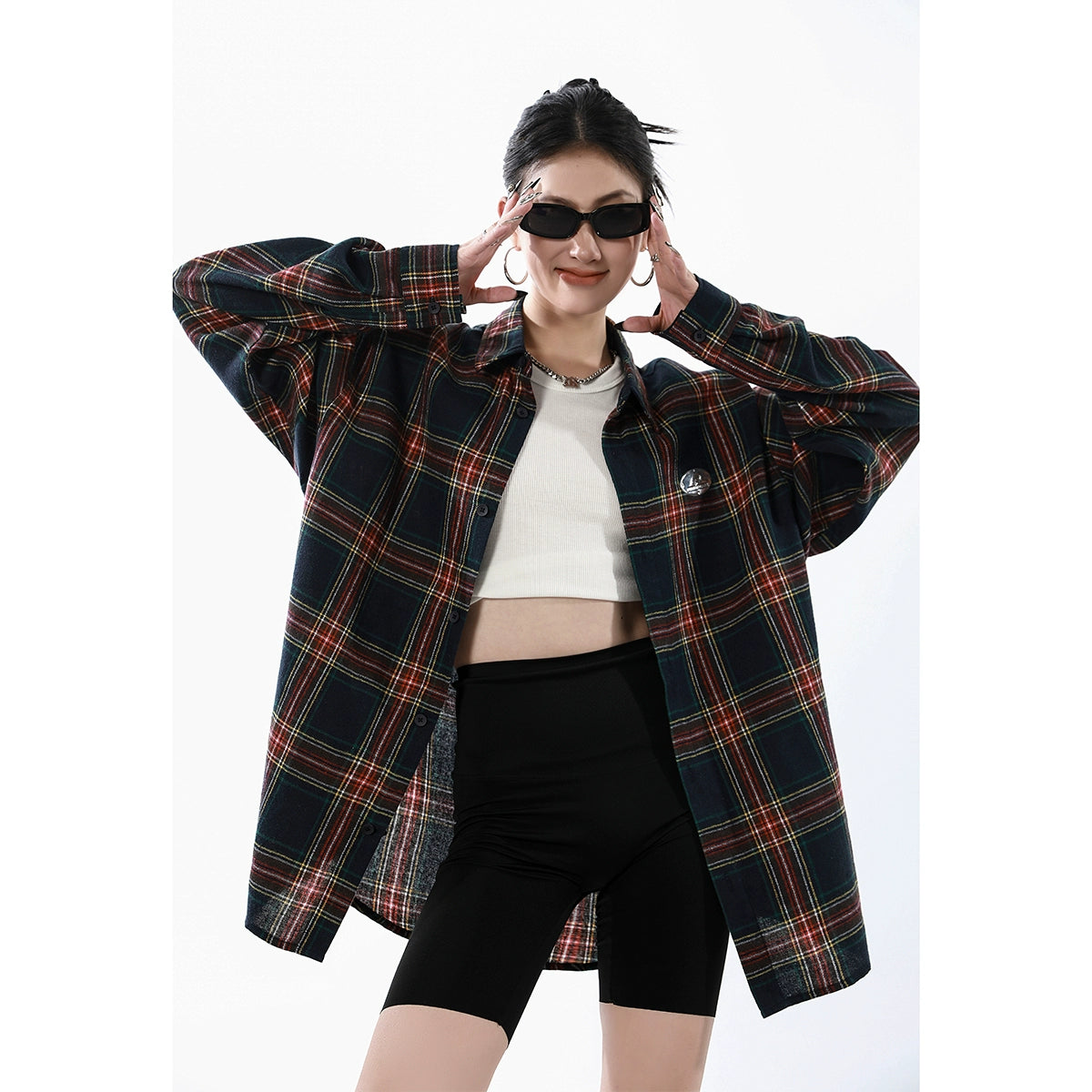 ICH MODE 美式复古格子衬衫女秋新款宽松流行百搭长袖衬衣外套