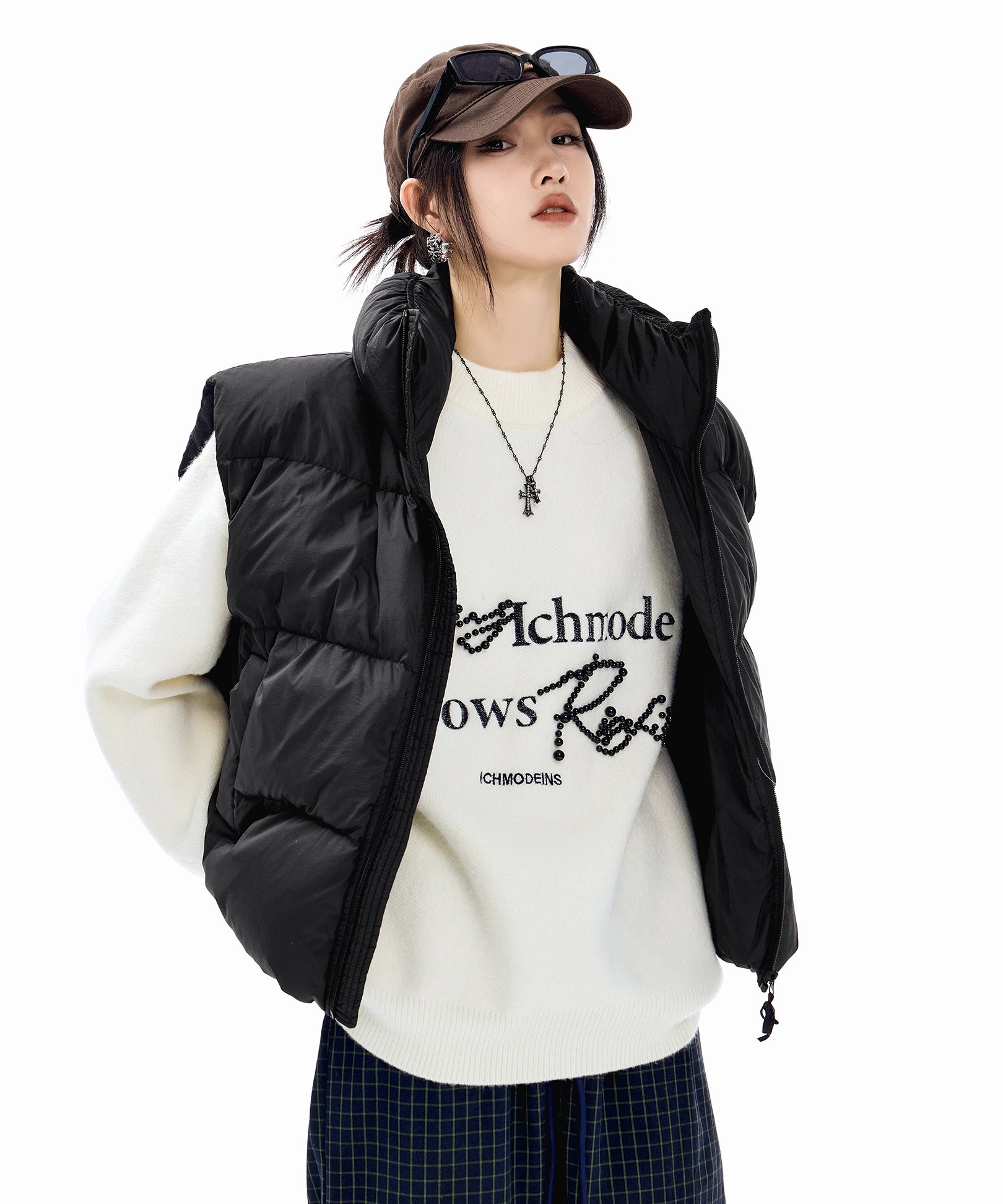 ICH MODE 美式复古珍珠圆领毛衣女秋冬季宽松针织衫慵懒套头上衣