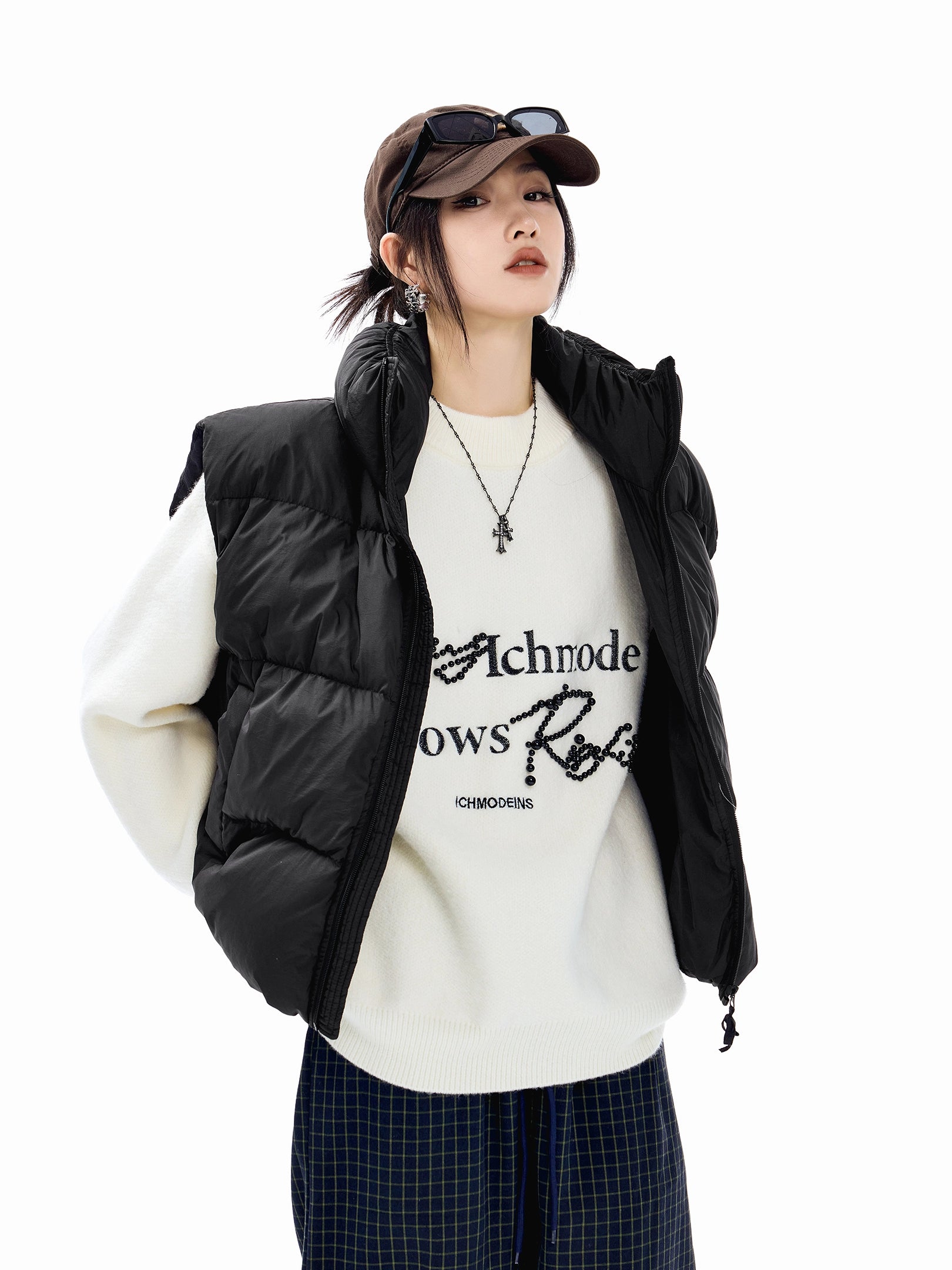 ICH MODE 美式复古珍珠圆领毛衣女秋冬季宽松针织衫慵懒套头上衣