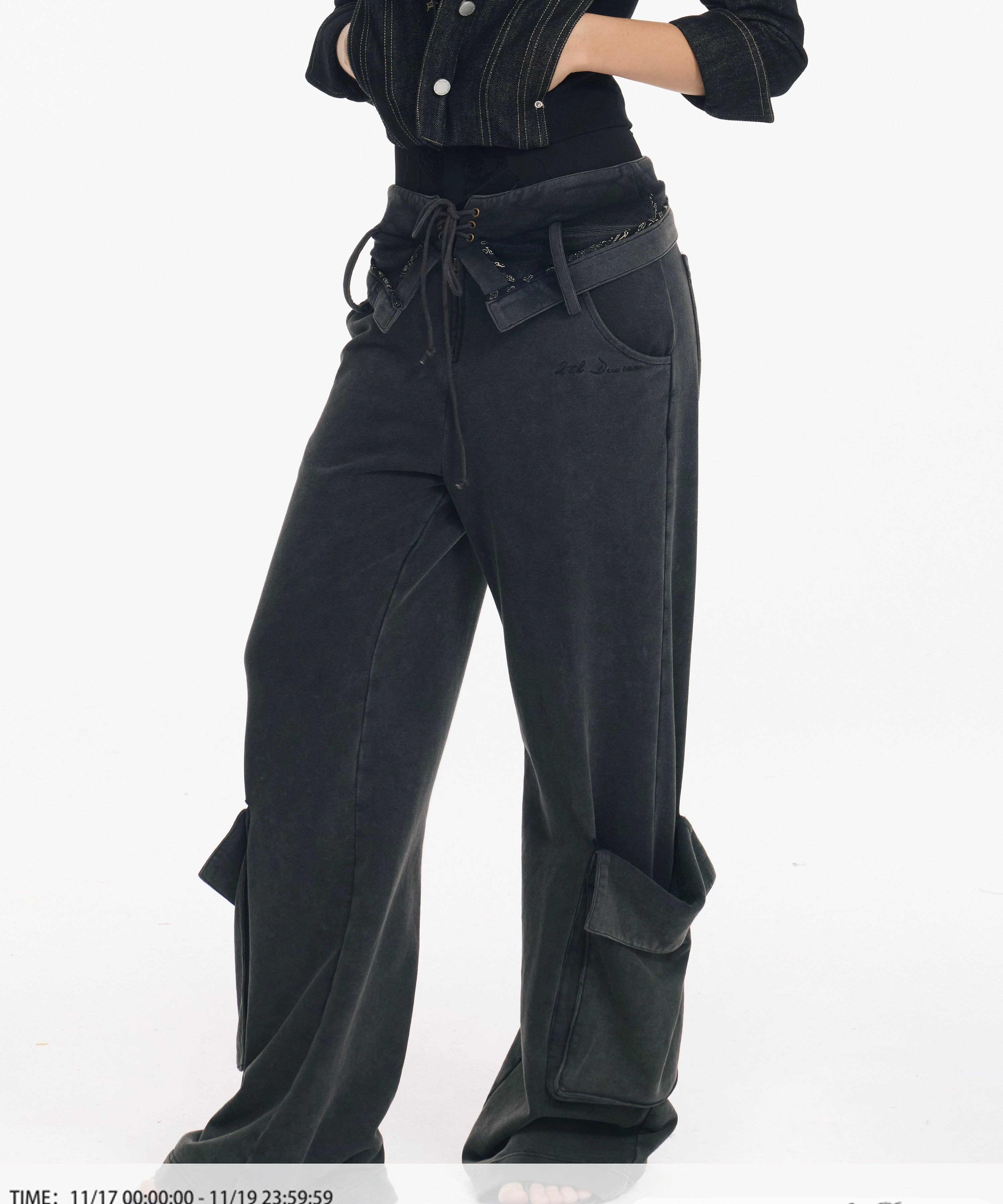 2th Desire原创做旧水洗立体口袋翻折腰头绑带设计感直筒工装长裤