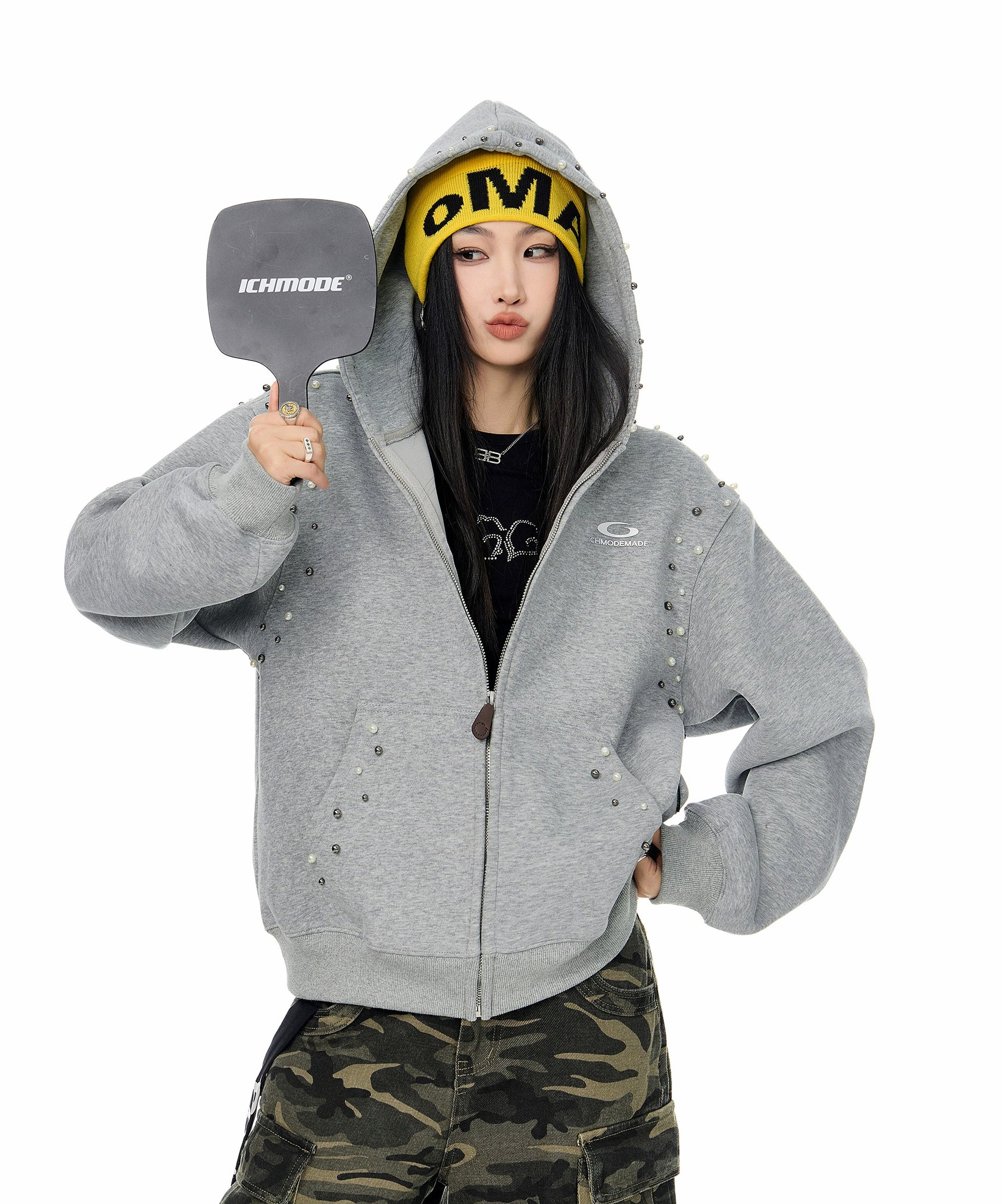 ICH MODE 美式复古珍珠连帽外套女2025新款秋冬宽松卫衣开衫上衣