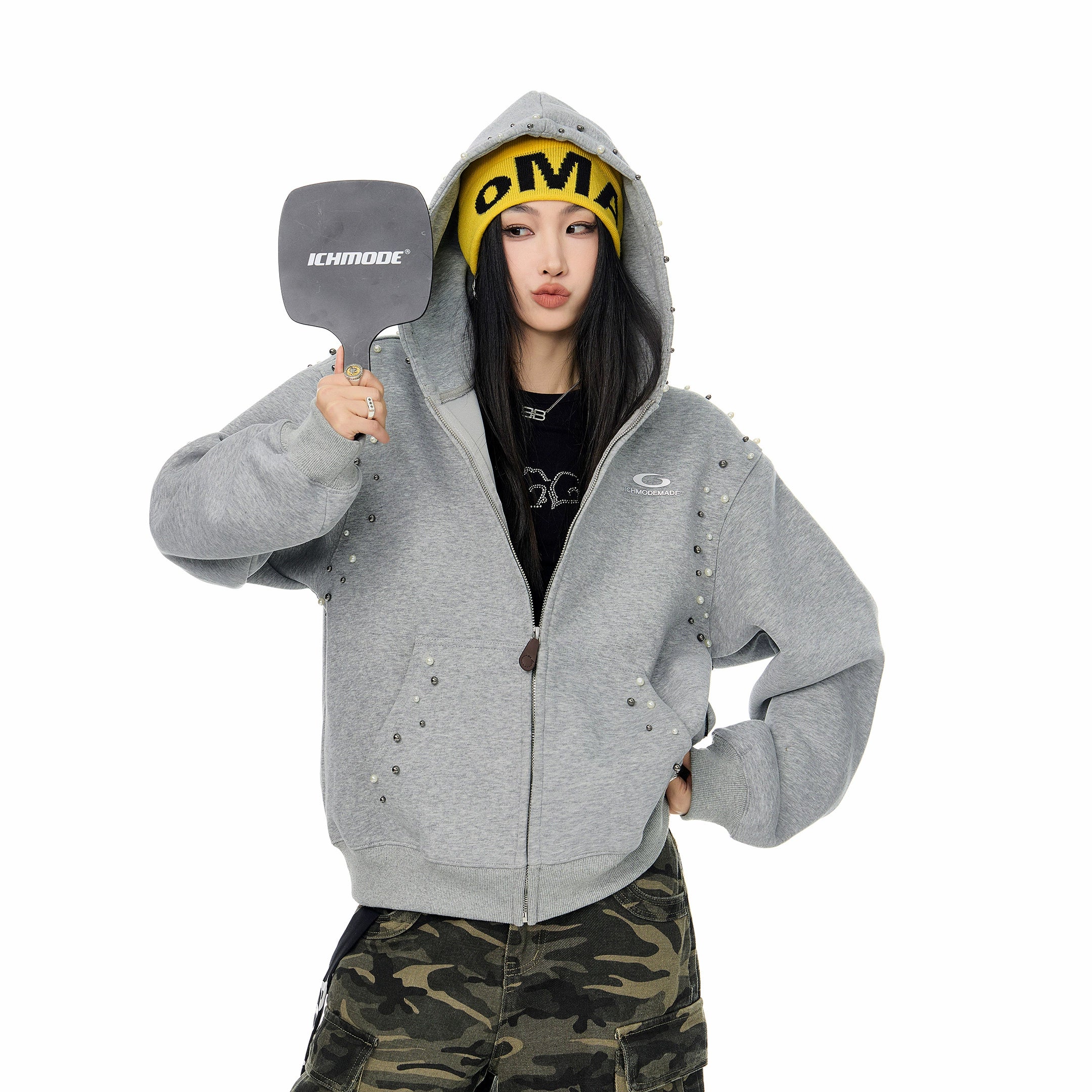 ICH MODE 美式复古珍珠连帽外套女2025新款秋冬宽松卫衣开衫上衣