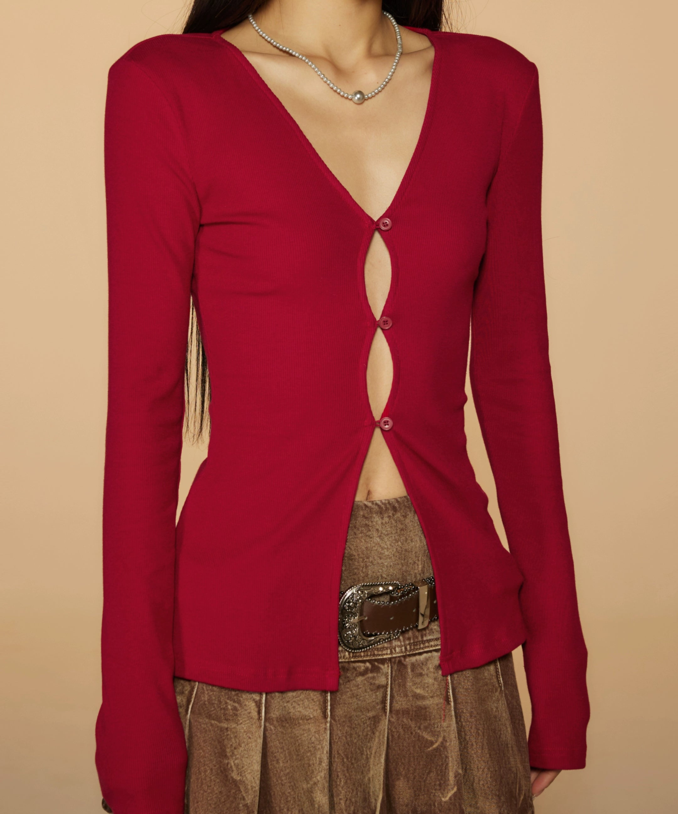 野生zerocircle 灰黑红色镂空针织衫女春辣妹小众修身v领长袖上衣