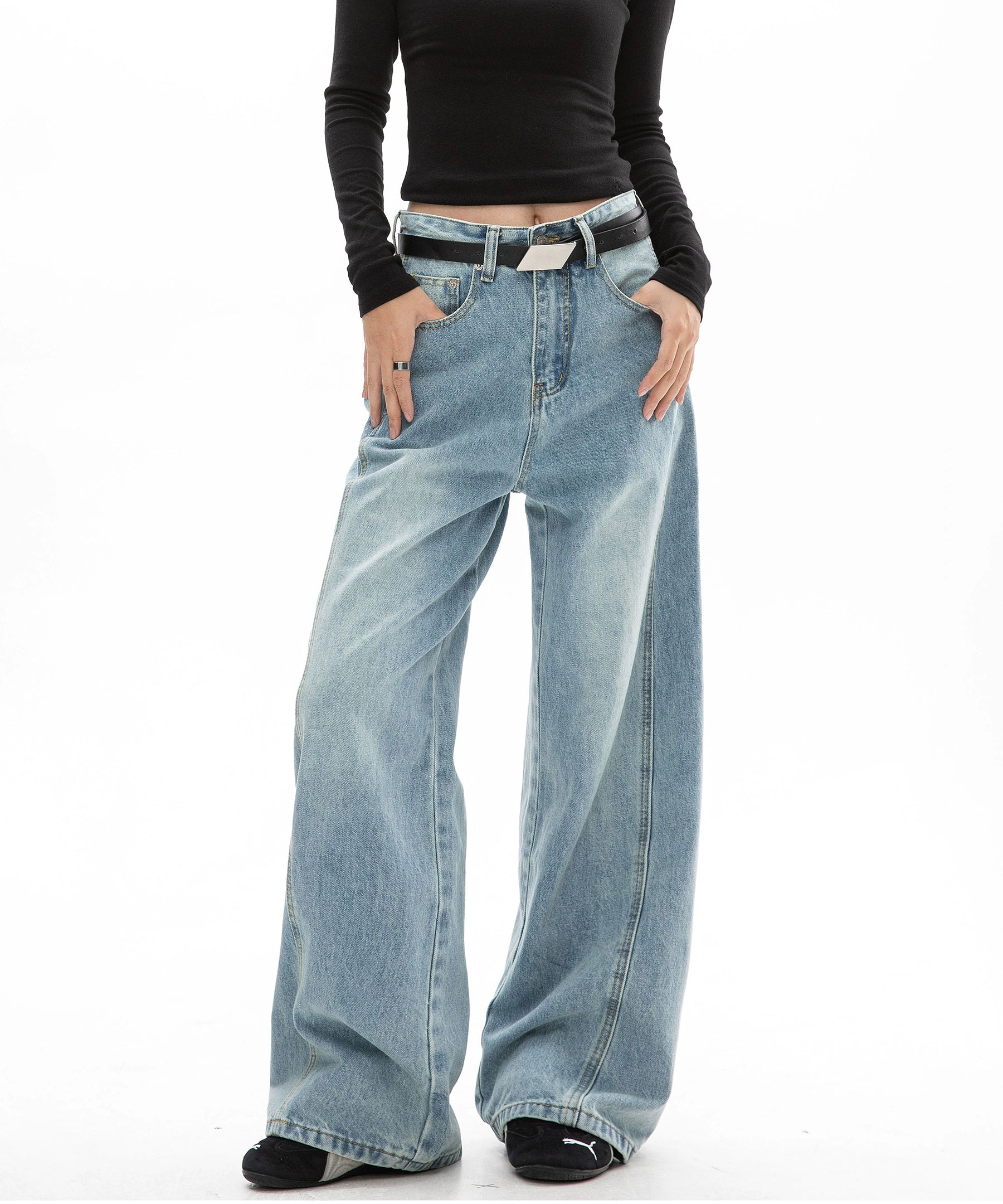 ICH MODE 美式复古水洗直筒牛仔裤女夏季阔腿弯刀裤百搭休闲长裤