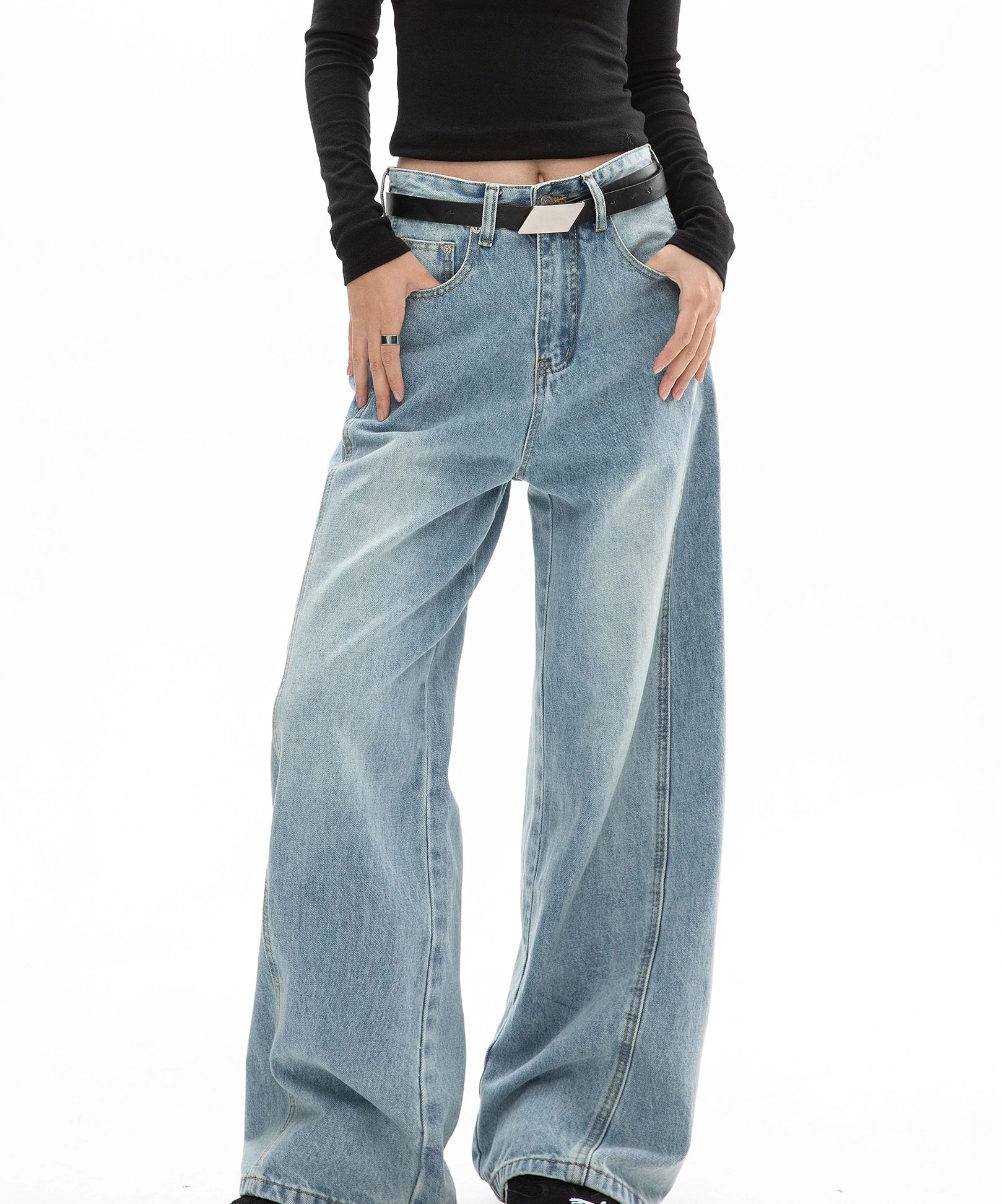 ICH MODE 美式复古水洗直筒牛仔裤女夏季阔腿弯刀裤百搭休闲长裤