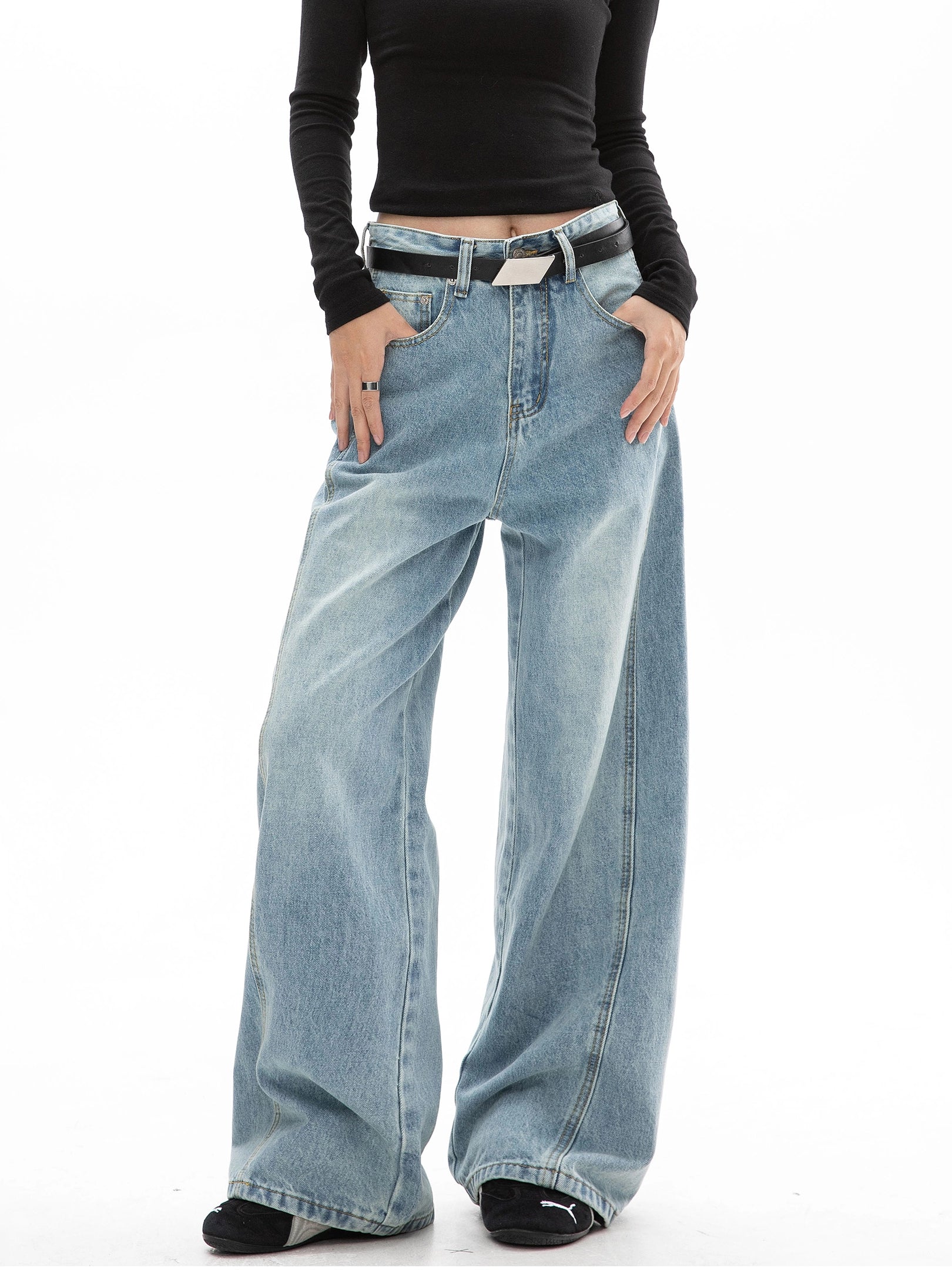 ICH MODE 美式复古水洗直筒牛仔裤女夏季阔腿弯刀裤百搭休闲长裤