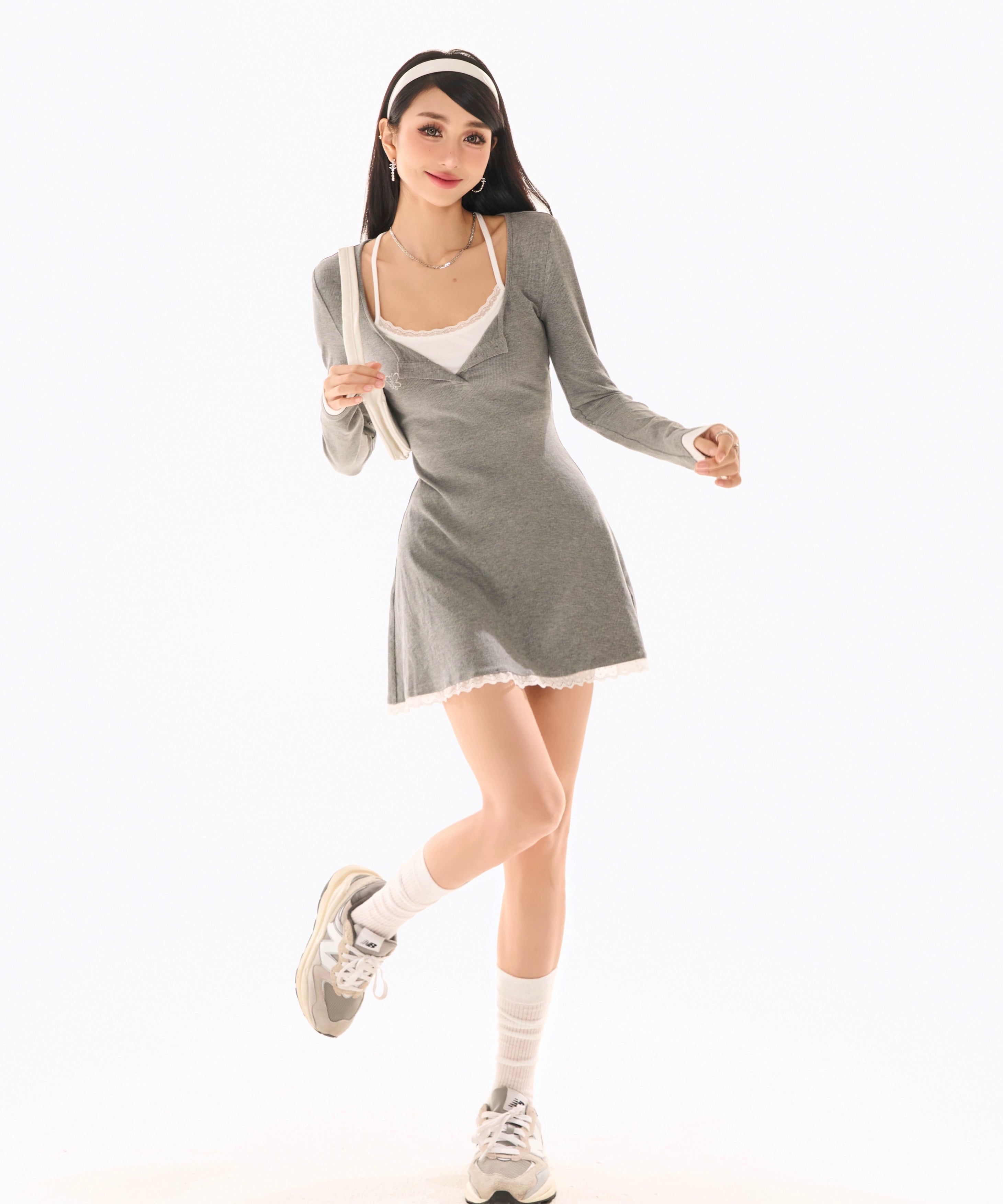 野生zerocircle裙子两件套女秋辣妹显瘦修身收腰灰色长袖连衣裙子