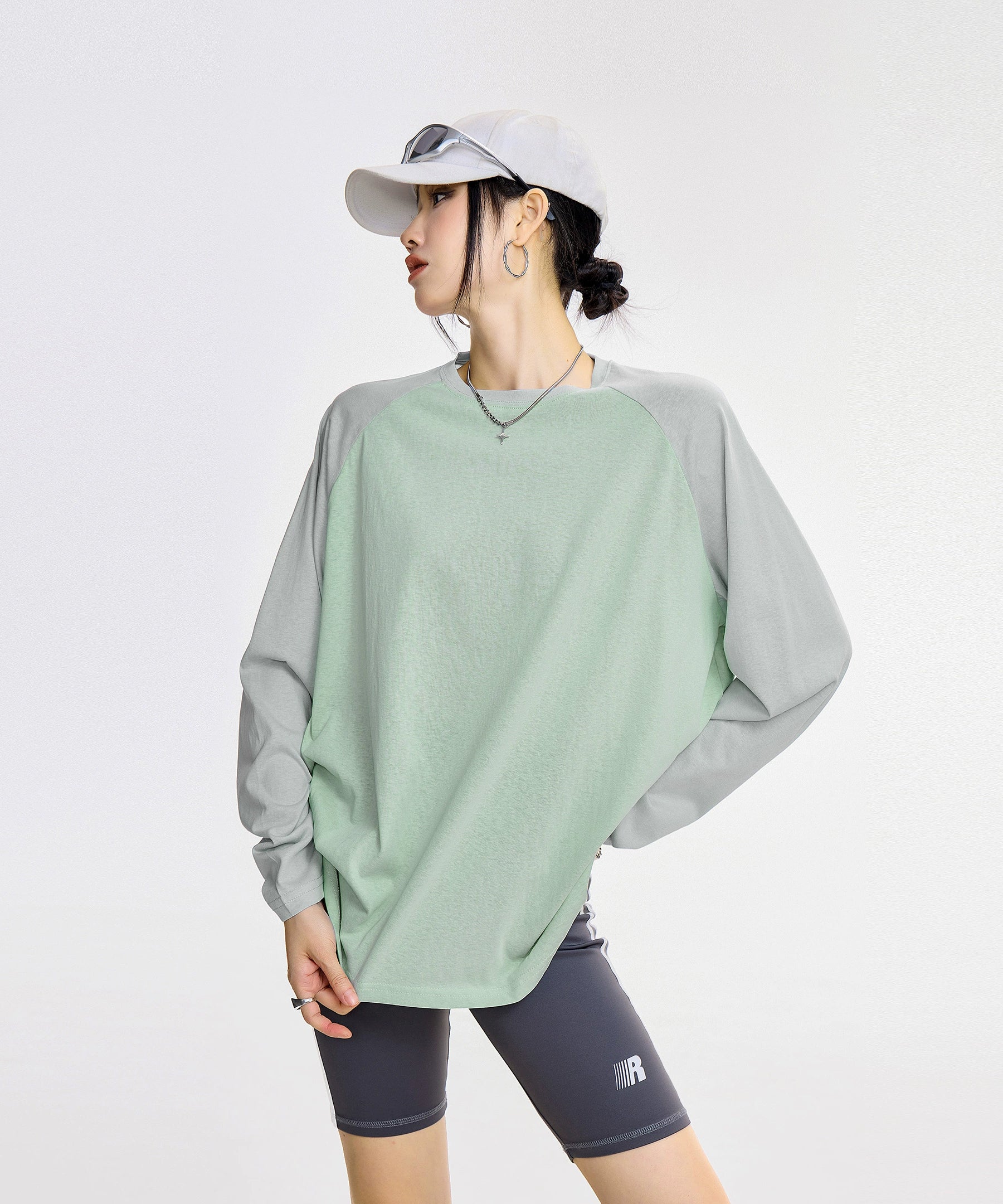 ICH MODE 美式复古插肩袖长袖T恤女夏季新款宽松拼接撞色圆领上衣