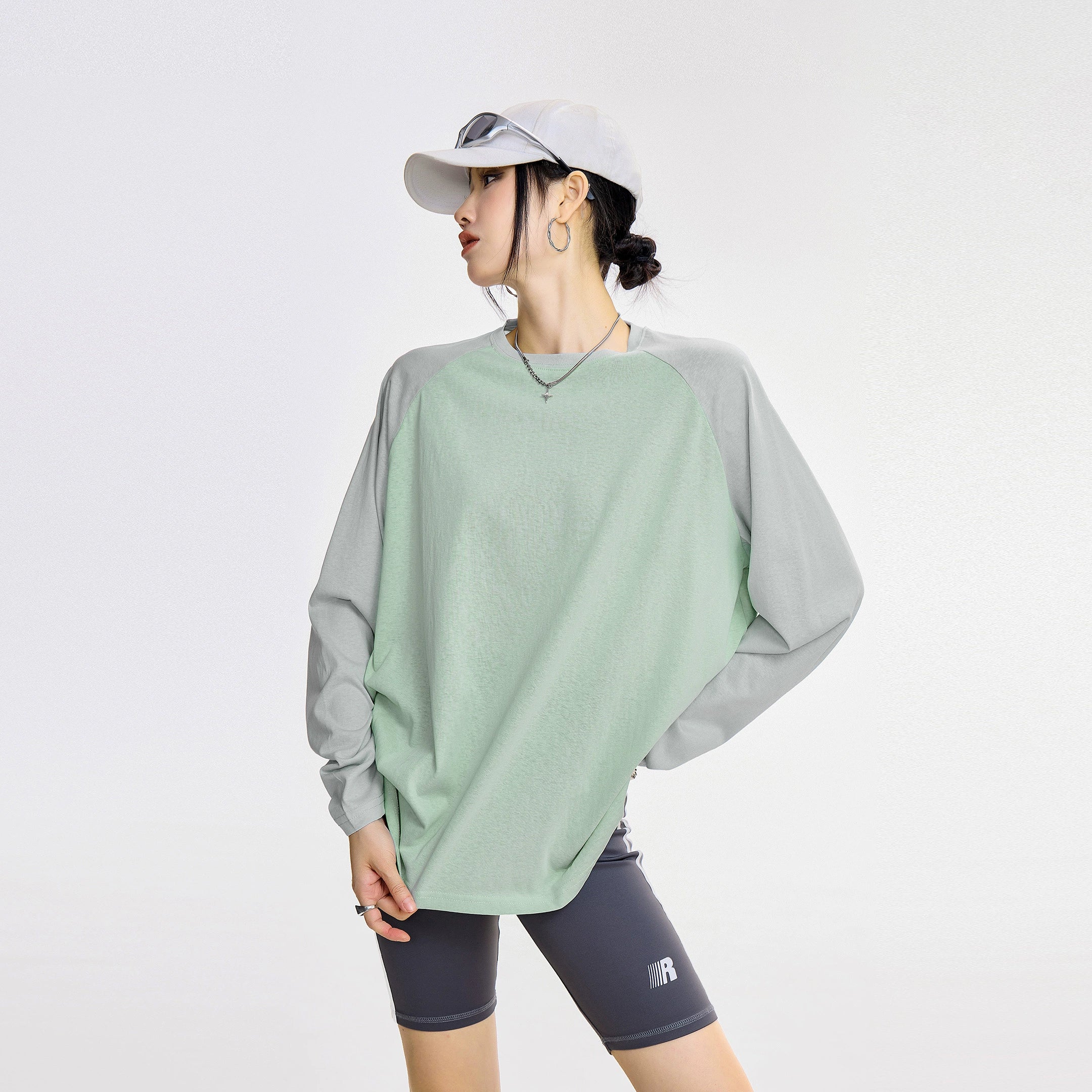 ICH MODE 美式复古插肩袖长袖T恤女夏季新款宽松拼接撞色圆领上衣