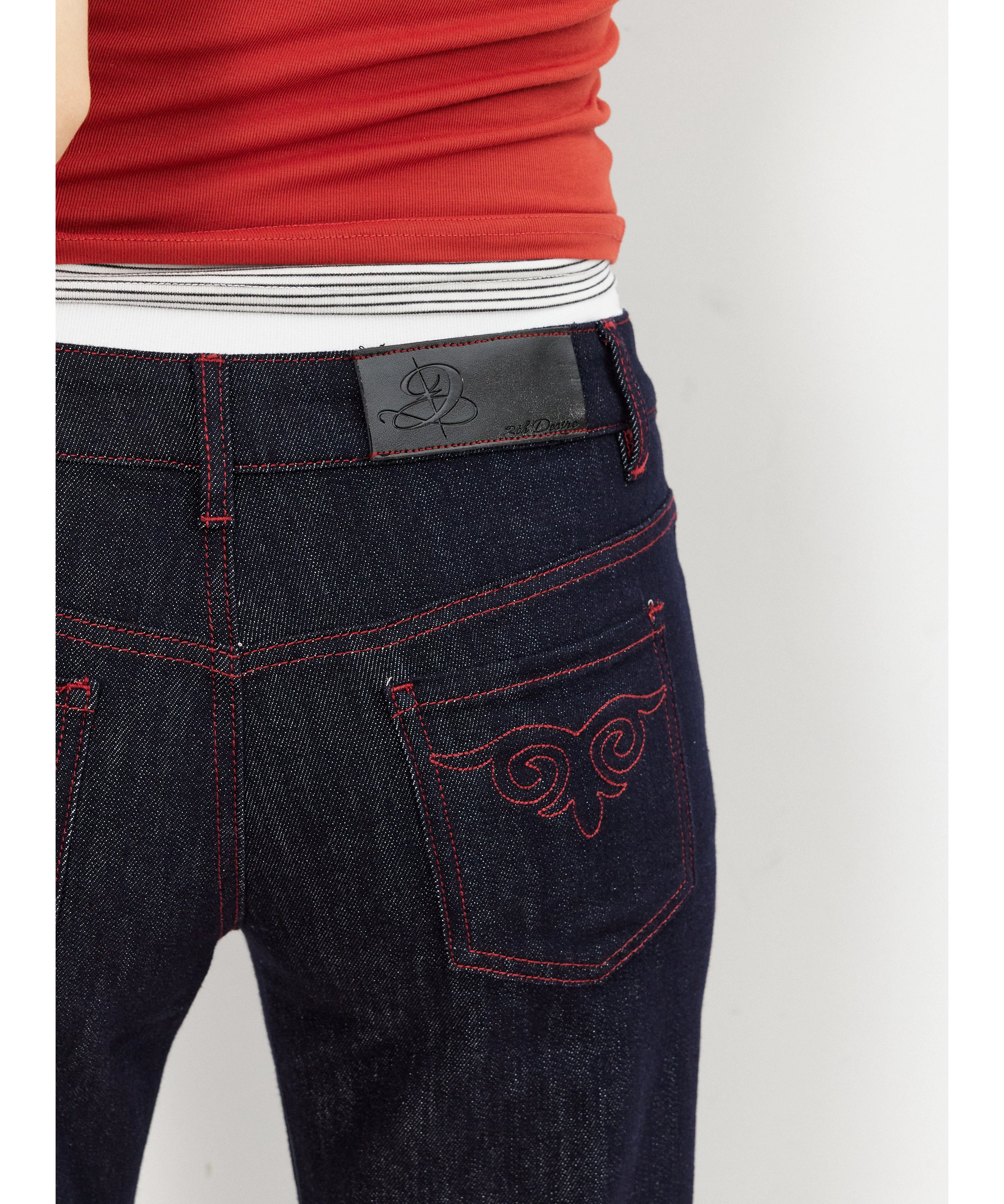 2th Desire复古撞色红条烫钻图腾印花原牛低腰显瘦直筒牛仔裤女