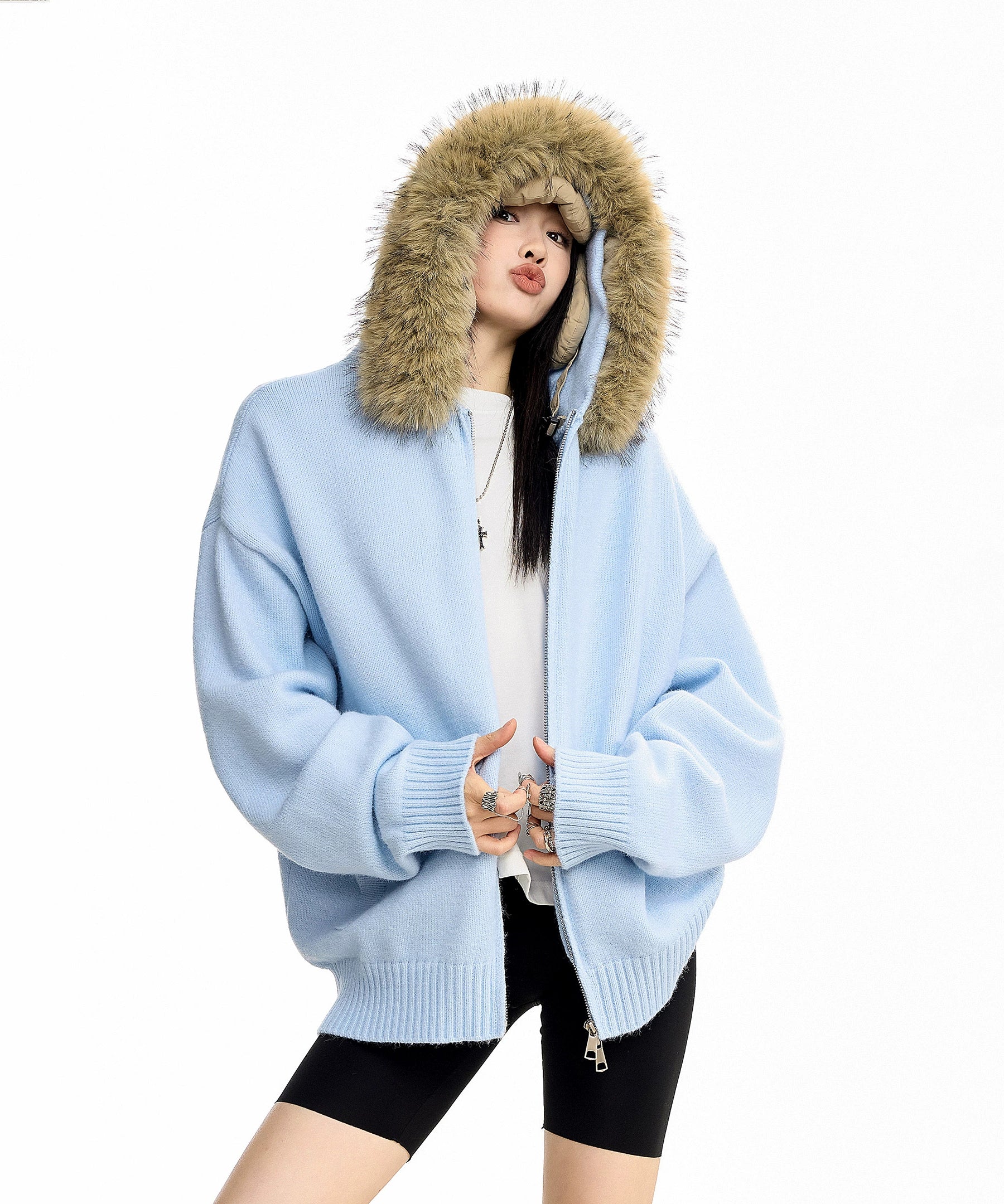 ICH MODE 美式复古毛领毛衣外套女秋冬宽松开衫连帽毛针织衫上衣