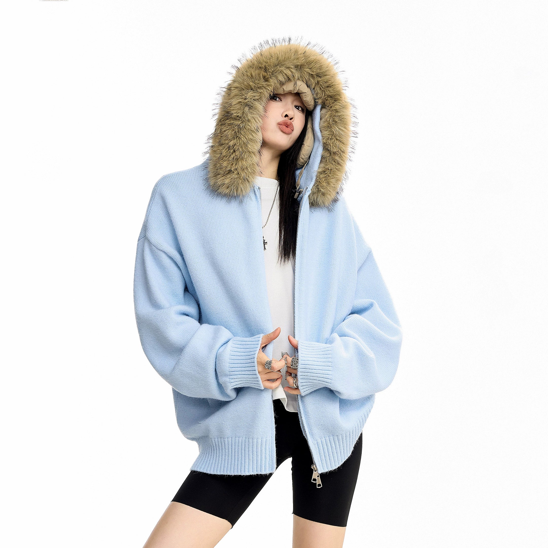 ICH MODE 美式复古毛领毛衣外套女秋冬宽松开衫连帽毛针织衫上衣