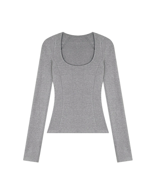 野生zerocircle 黑灰棕色u领打底衫女春秋季修身显瘦长袖针织上衣