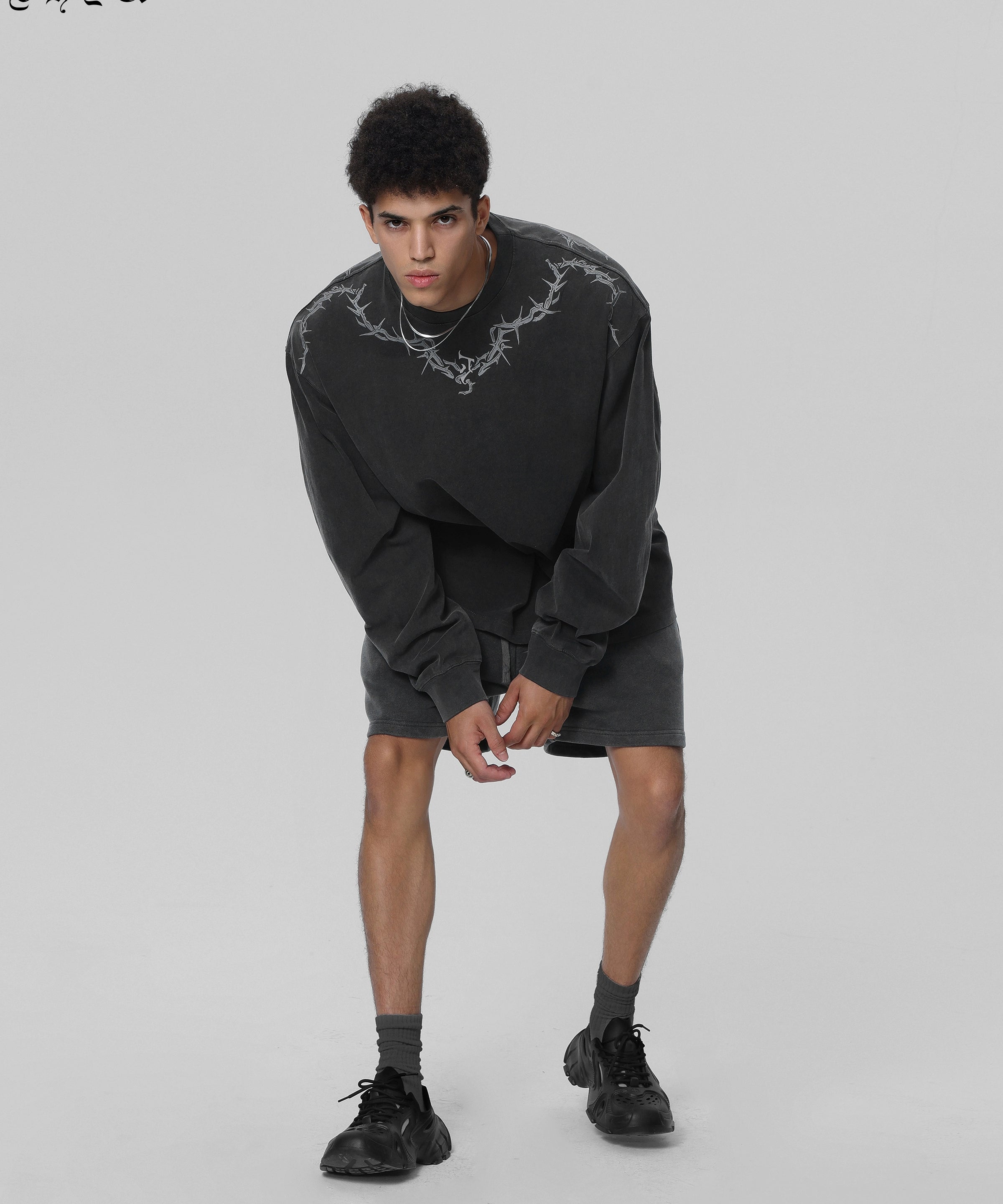 【邓为同款】JHYQ荆棘印花重磅320g水洗美式长袖t恤男宽松卫衣男