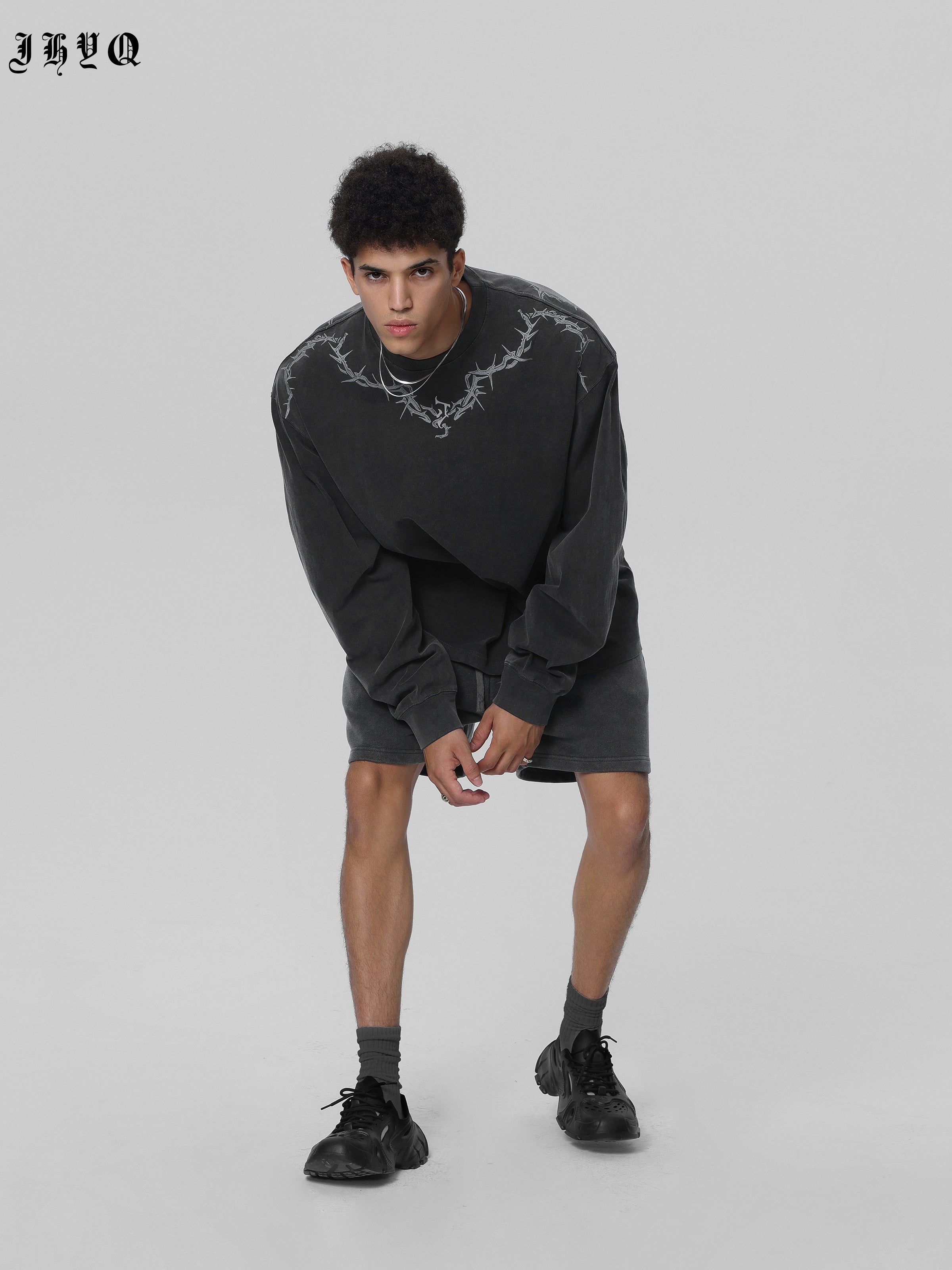 【邓为同款】JHYQ荆棘印花重磅320g水洗美式长袖t恤男宽松卫衣男