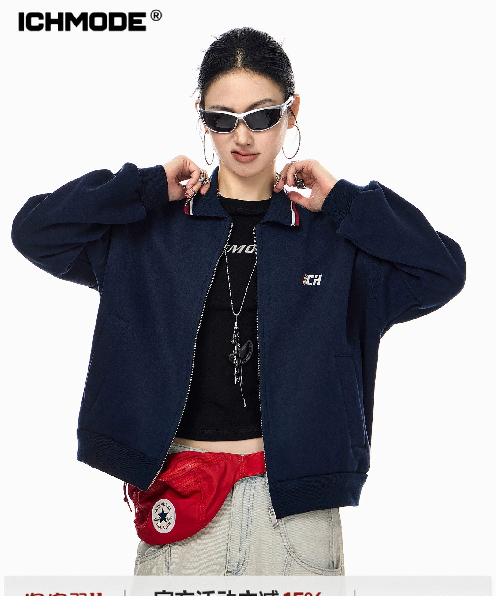 ICH MODE 美式复古刺绣翻领短款外套女2025新款秋季运动开衫上衣