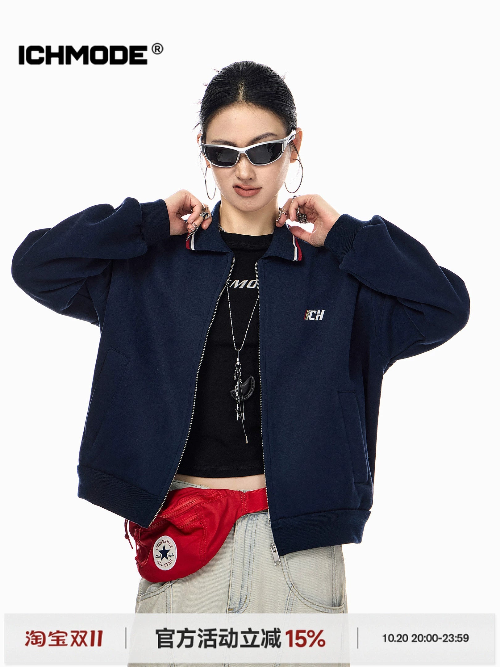 ICH MODE 美式复古刺绣翻领短款外套女2025新款秋季运动开衫上衣