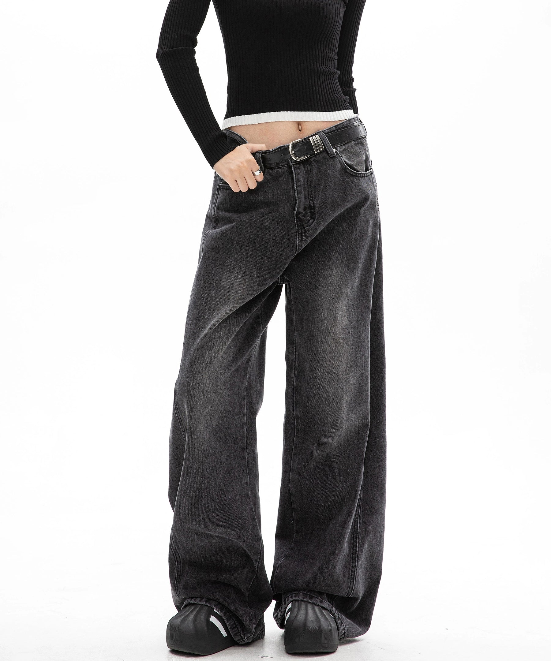 ICH MODE 美式复古水洗直筒牛仔裤女夏季阔腿弯刀裤百搭休闲长裤