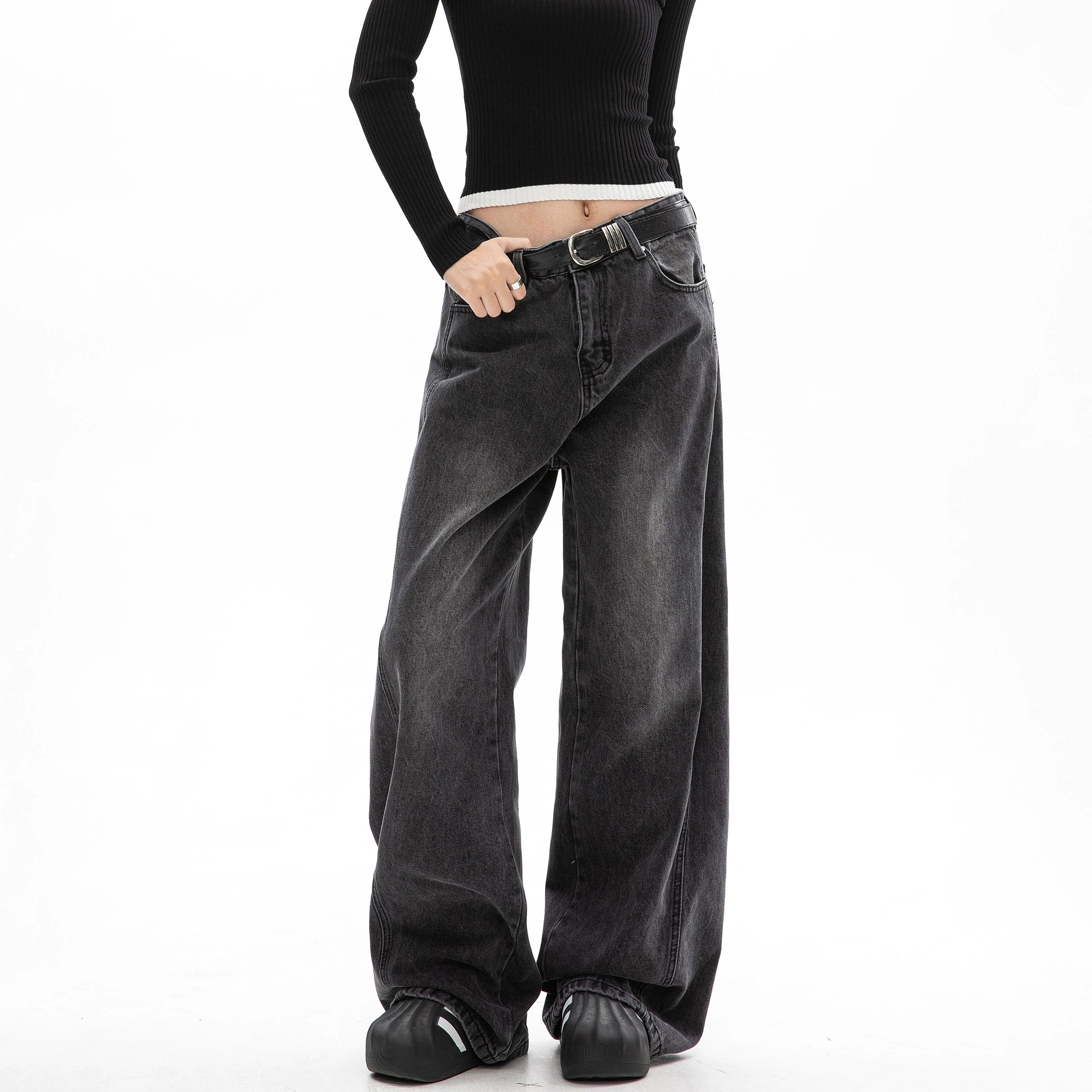 ICH MODE 美式复古水洗直筒牛仔裤女夏季阔腿弯刀裤百搭休闲长裤