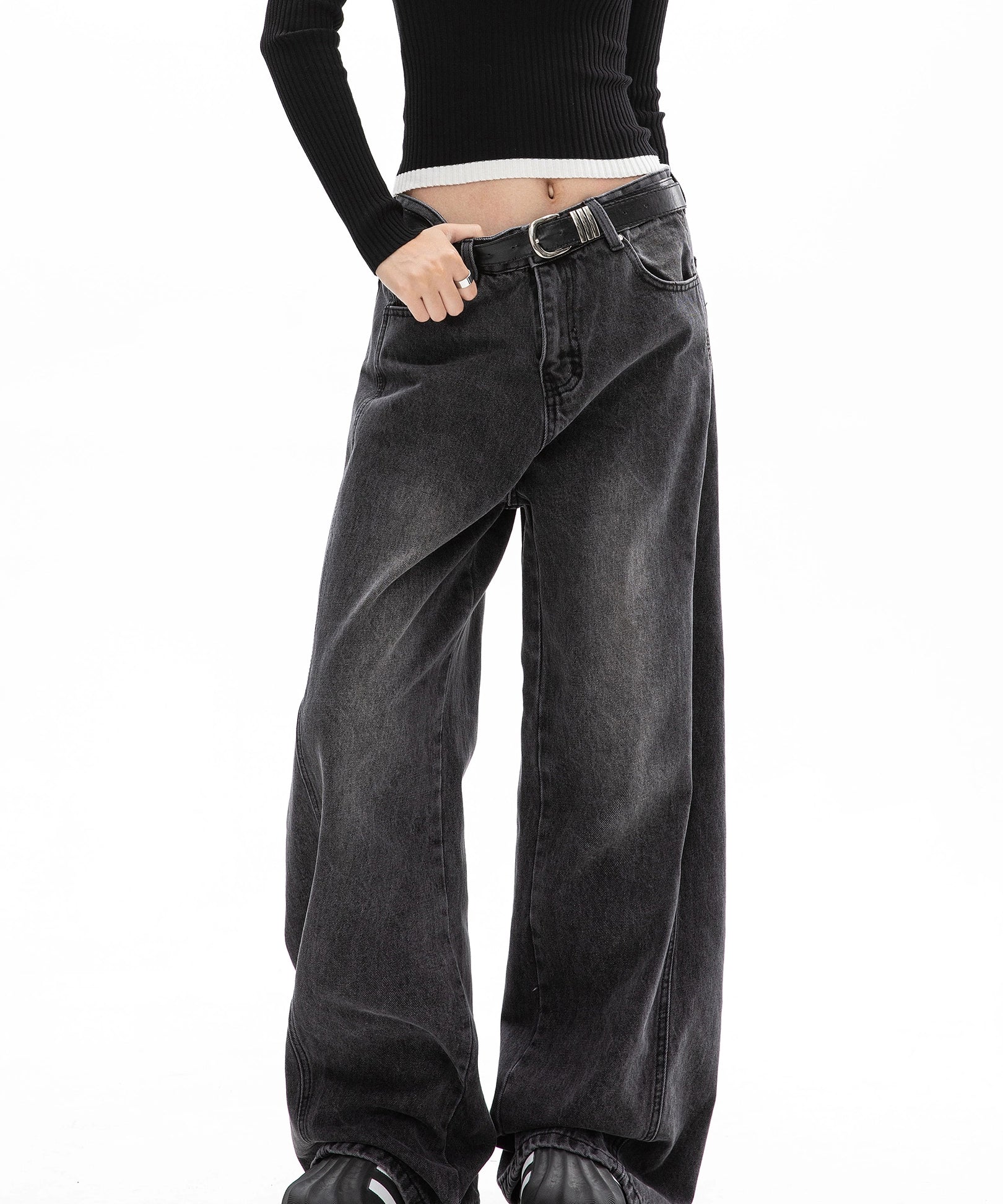 ICH MODE 美式复古水洗直筒牛仔裤女夏季阔腿弯刀裤百搭休闲长裤