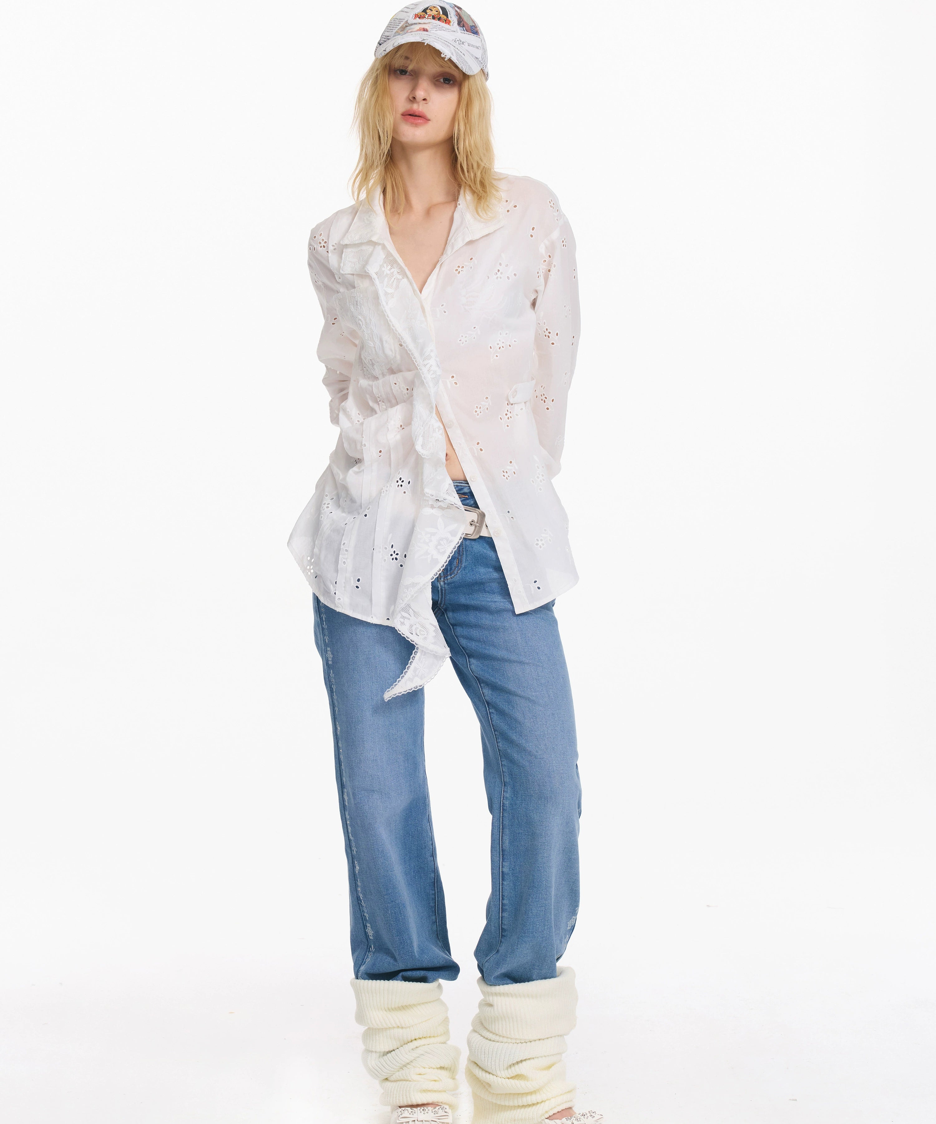 2th Desire 镂空绣花格纹不规则设计荷叶边宽松可收腰松弛感衬衫