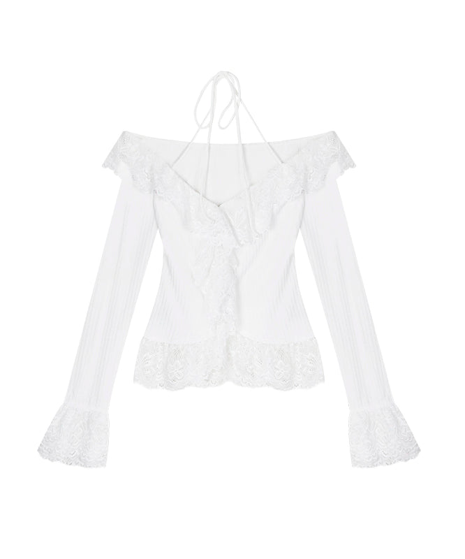 野生zerocircle白绿色针织开衫女春季别致蕾丝荷叶边短款长袖上衣