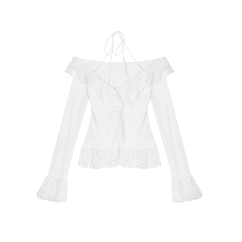 野生zerocircle白绿色针织开衫女春季别致蕾丝荷叶边短款长袖上衣