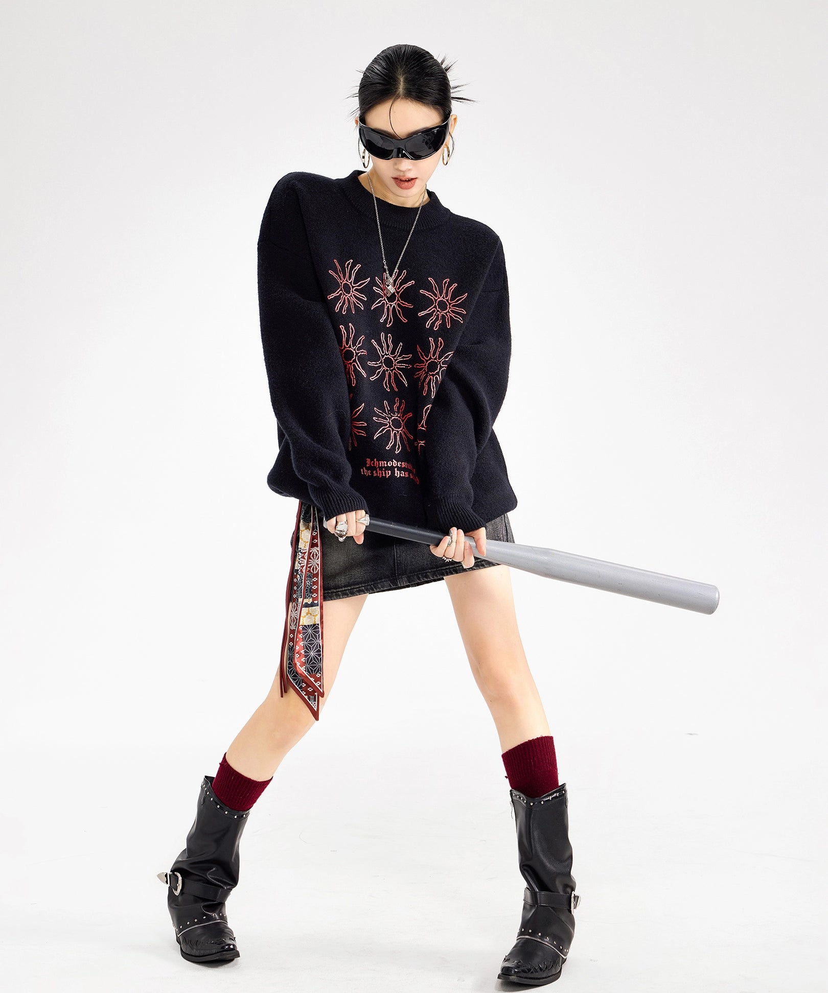 ICH MODE 美式复古太阳花圆领毛衣女秋冬季慵懒高级感长袖针织衫