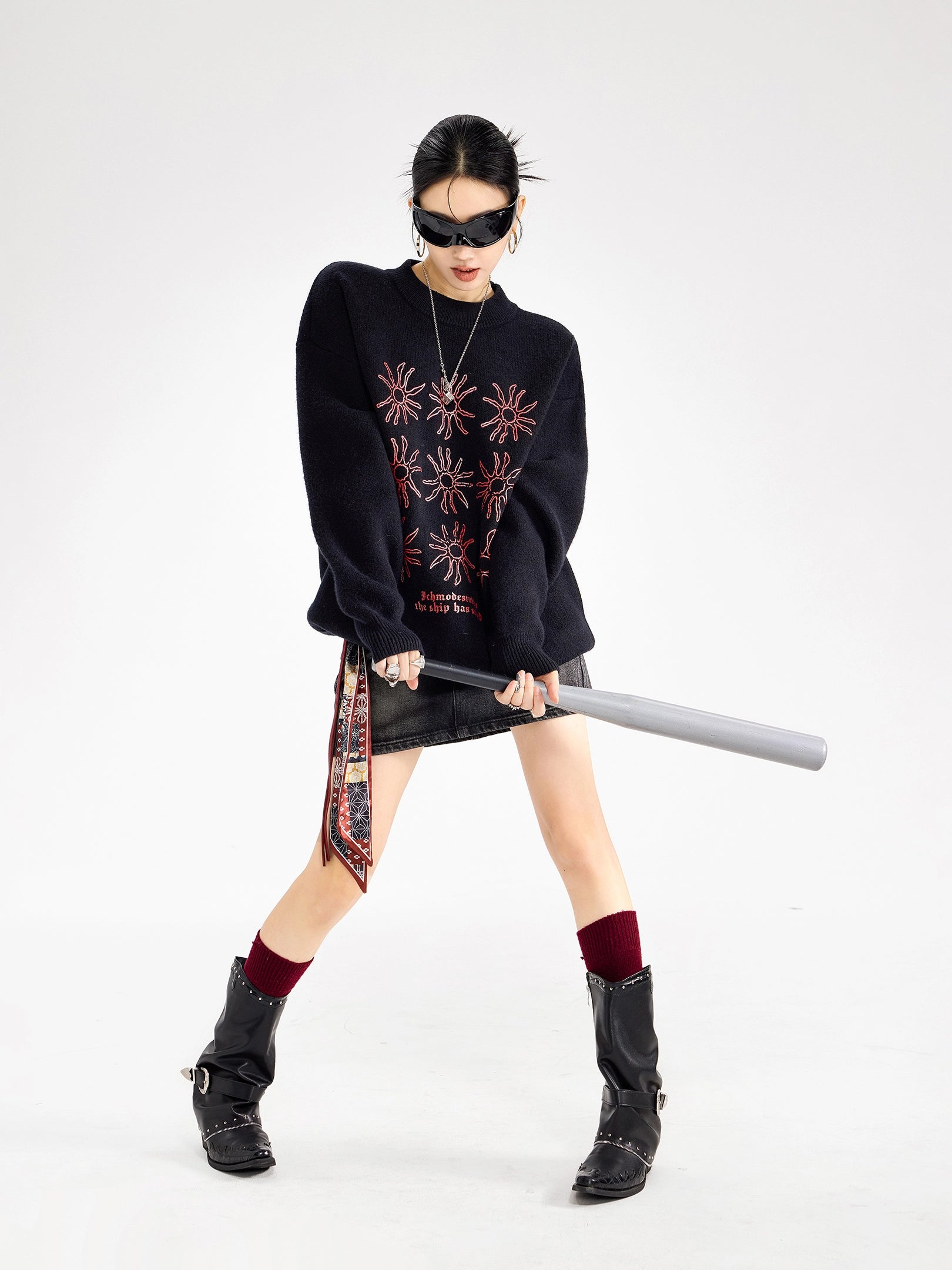 ICH MODE 美式复古太阳花圆领毛衣女秋冬季慵懒高级感长袖针织衫