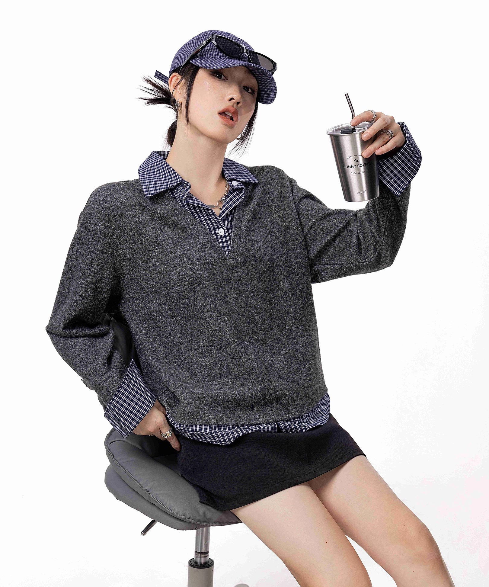 ICH MODE 美式假两件毛针织衫女2025秋冬新款POLO衫毛衣休闲上衣