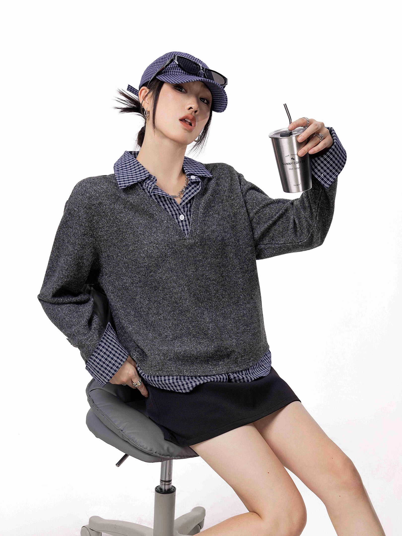 ICH MODE 美式假两件毛针织衫女2025秋冬新款POLO衫毛衣休闲上衣