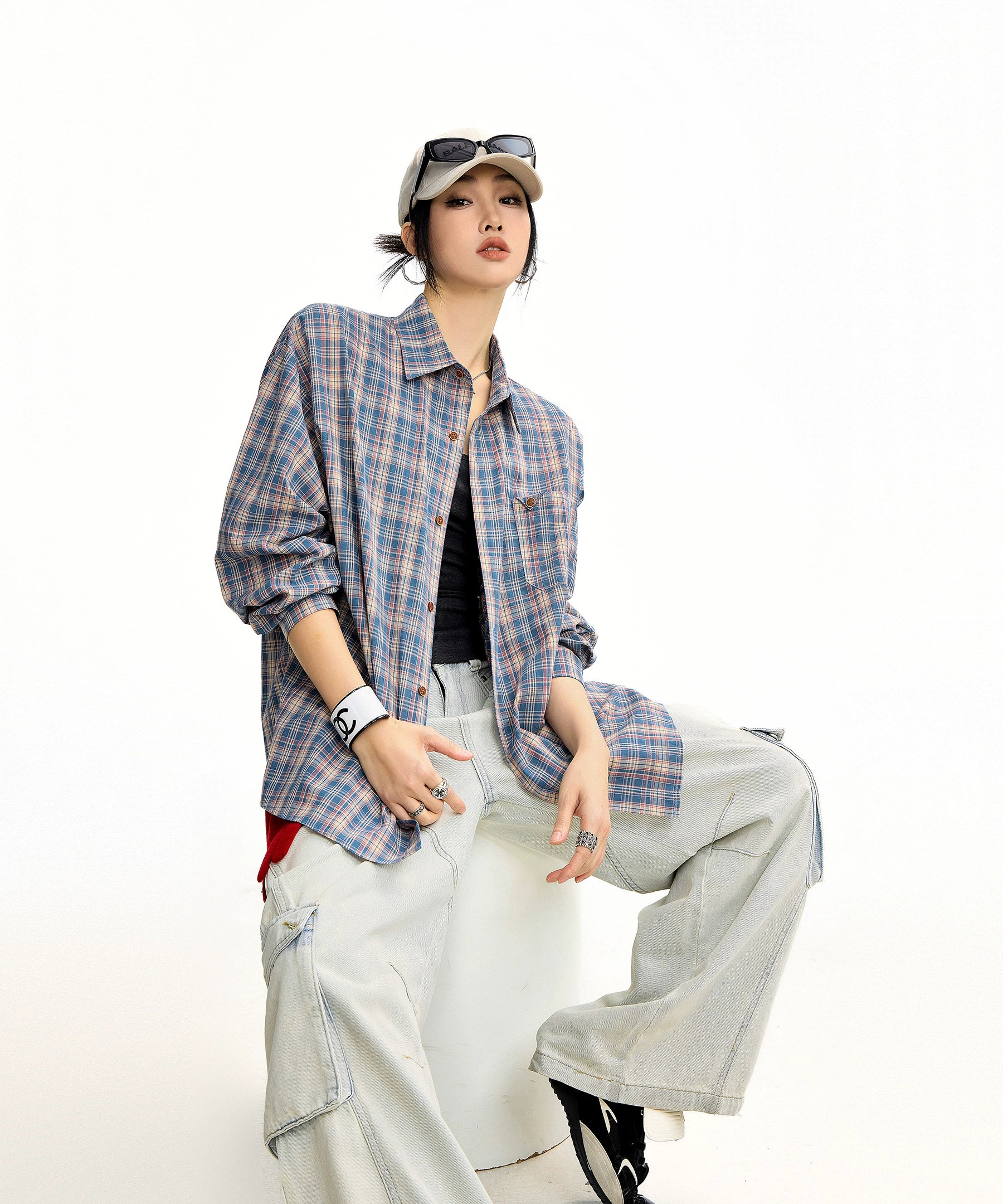 ICH MODE 美式复古格子长袖衬衫女夏季新款百搭休闲衬衣外套上衣