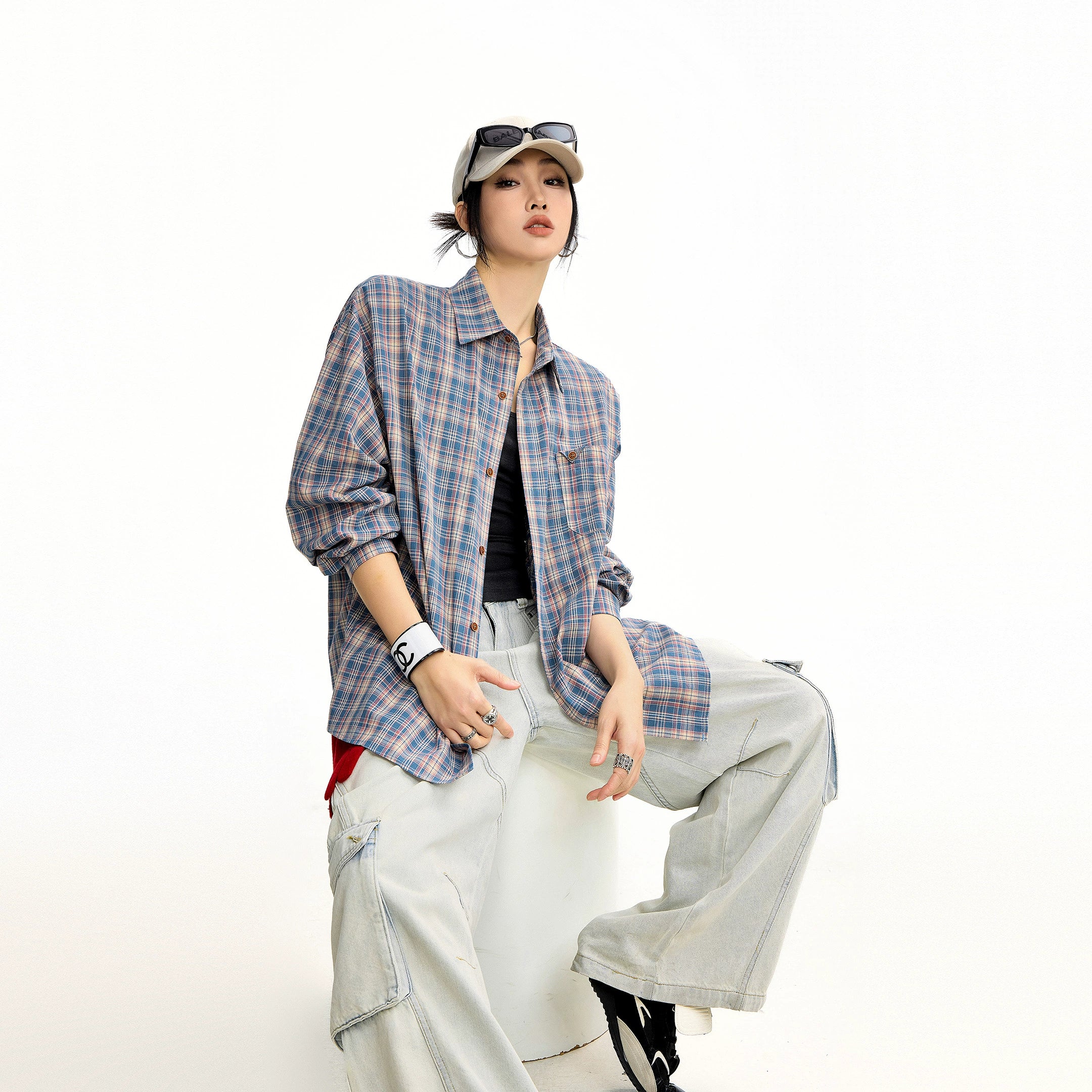 ICH MODE 美式复古格子长袖衬衫女夏季新款百搭休闲衬衣外套上衣