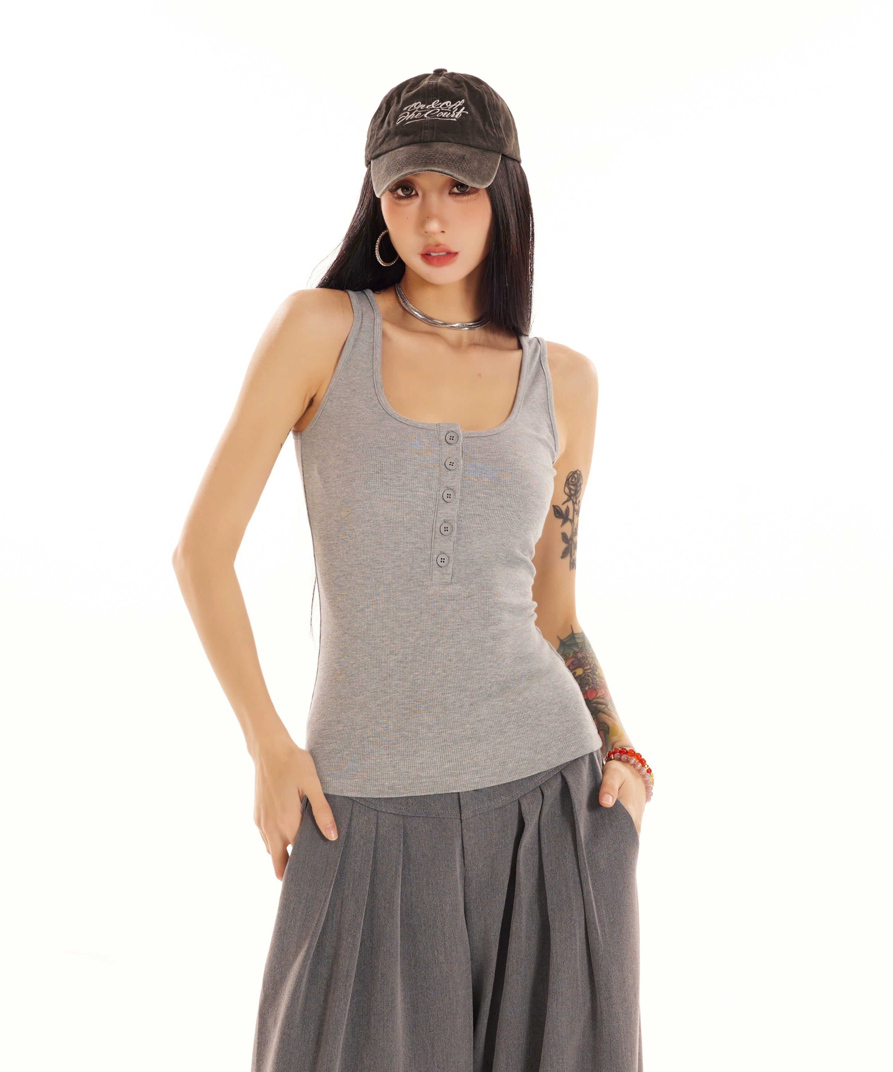 野生zero 白黑灰色u领背心针织内搭女春夏季外穿辣妹修身无袖上衣