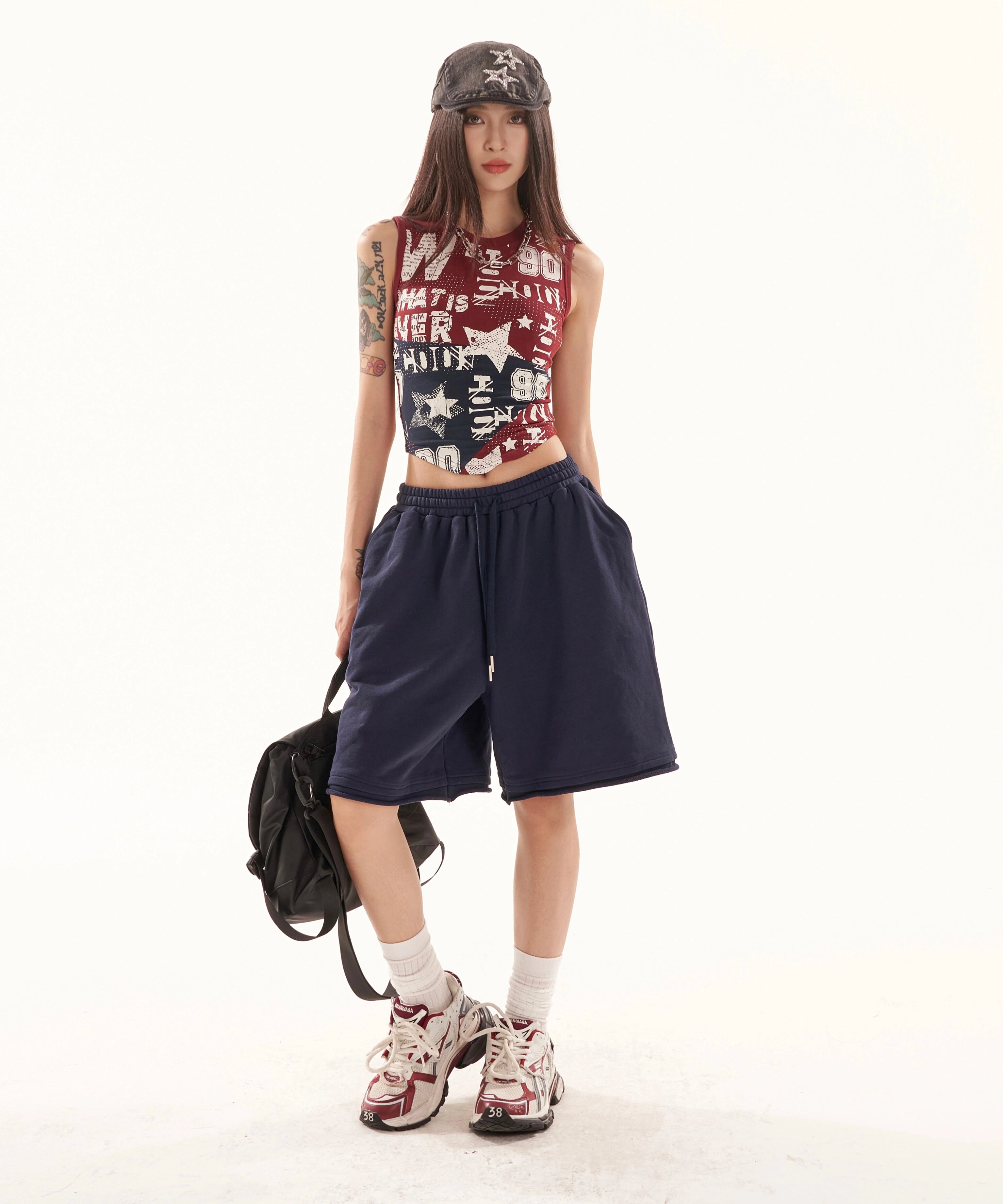 野生zero撞色无袖背心女夏季辣妹印花修身显瘦小众设计感短款上衣