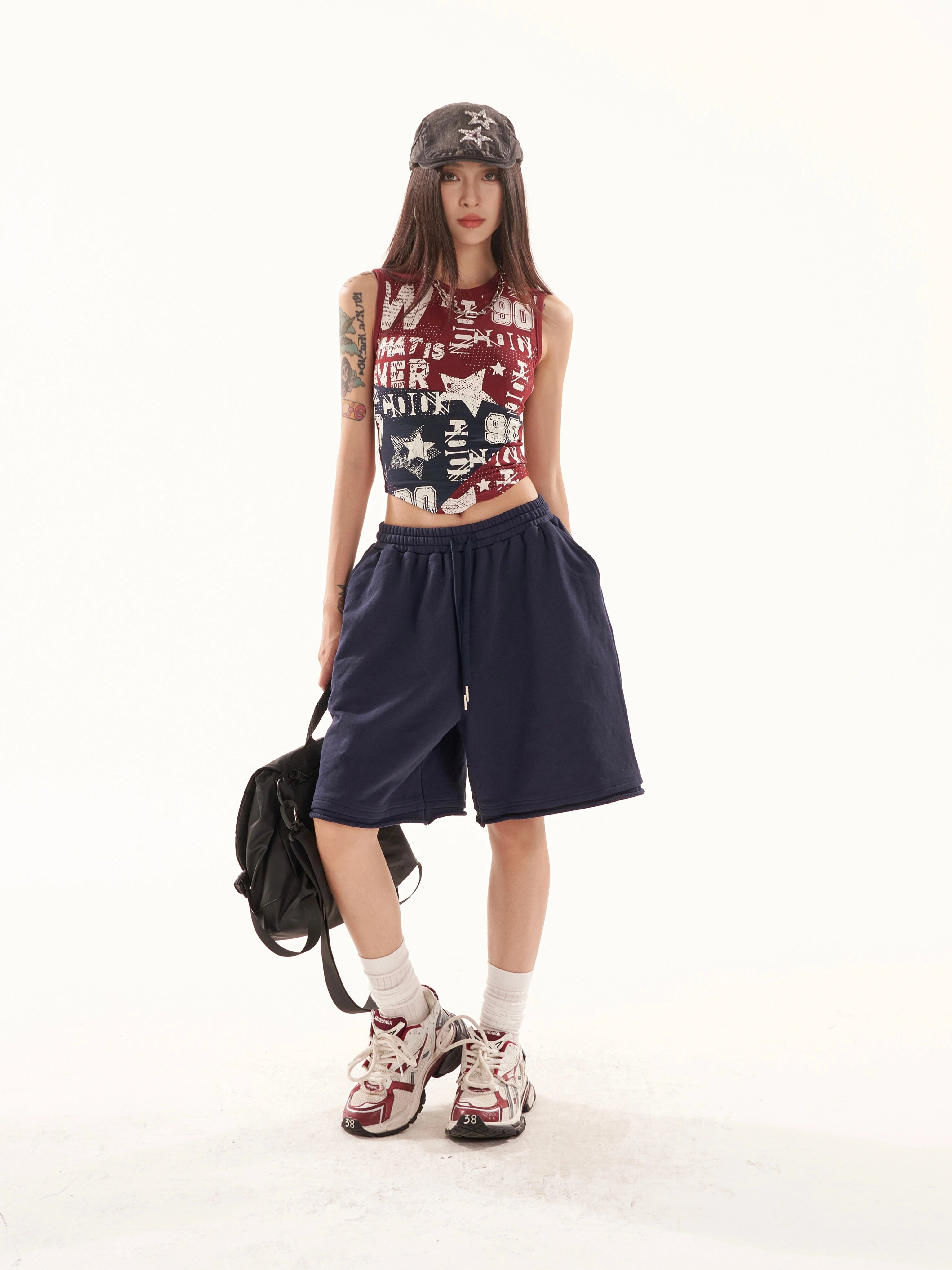 野生zero撞色无袖背心女夏季辣妹印花修身显瘦小众设计感短款上衣