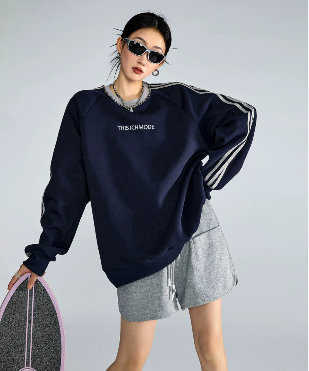 ICH MODE 美式复古条纹圆领卫衣女秋宽松运动上衣外套2025新款