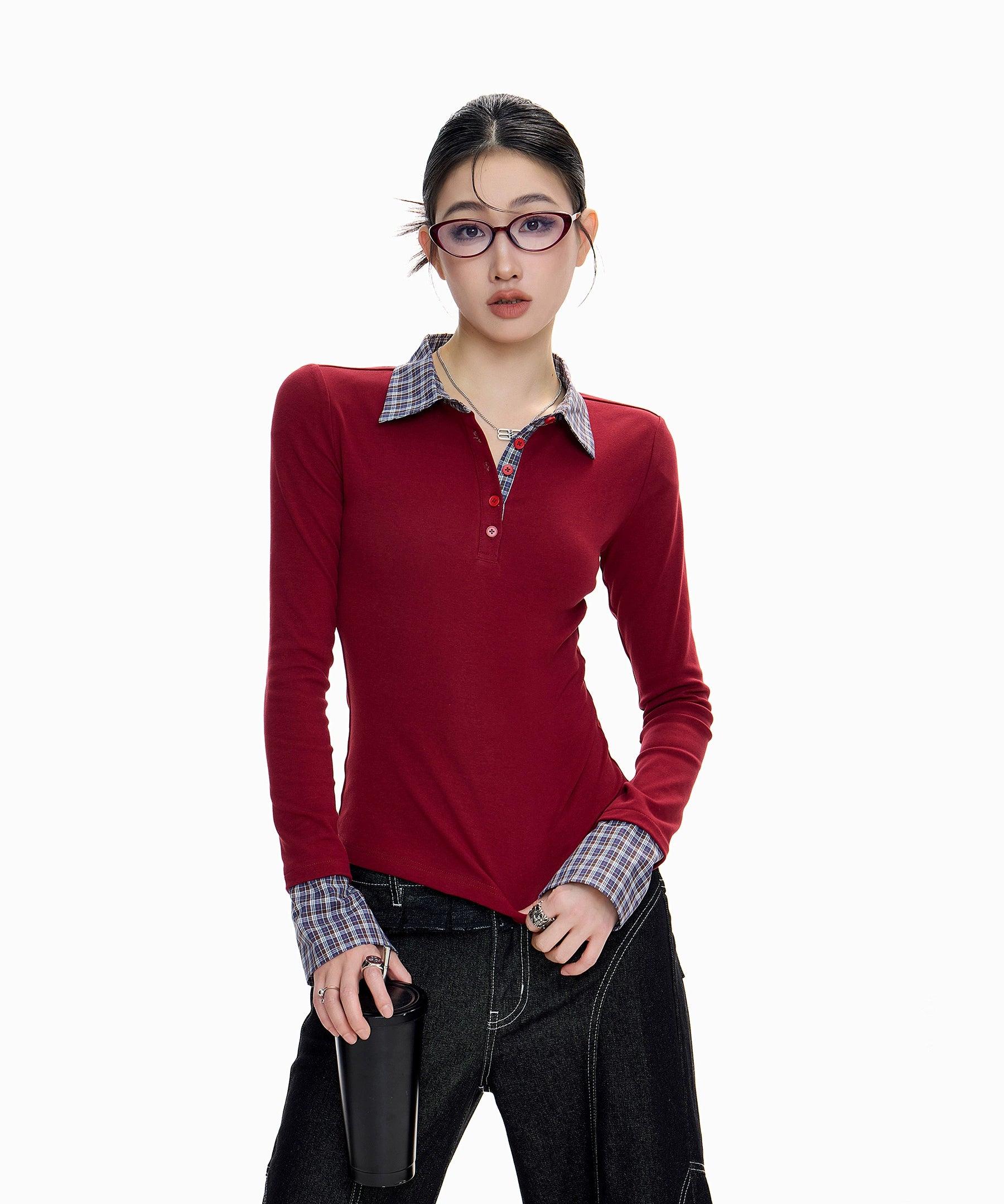 ICH MODE 美式假两件POLO领T恤女秋冬修身长袖格子内搭打底衫上衣